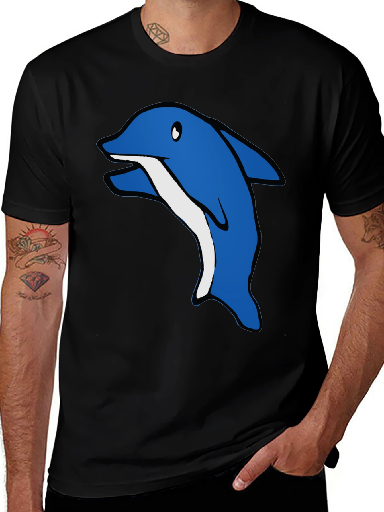 Variant 14 of Cartoon Dolphin Graphic Tee - Black Cotton T-Shirt
