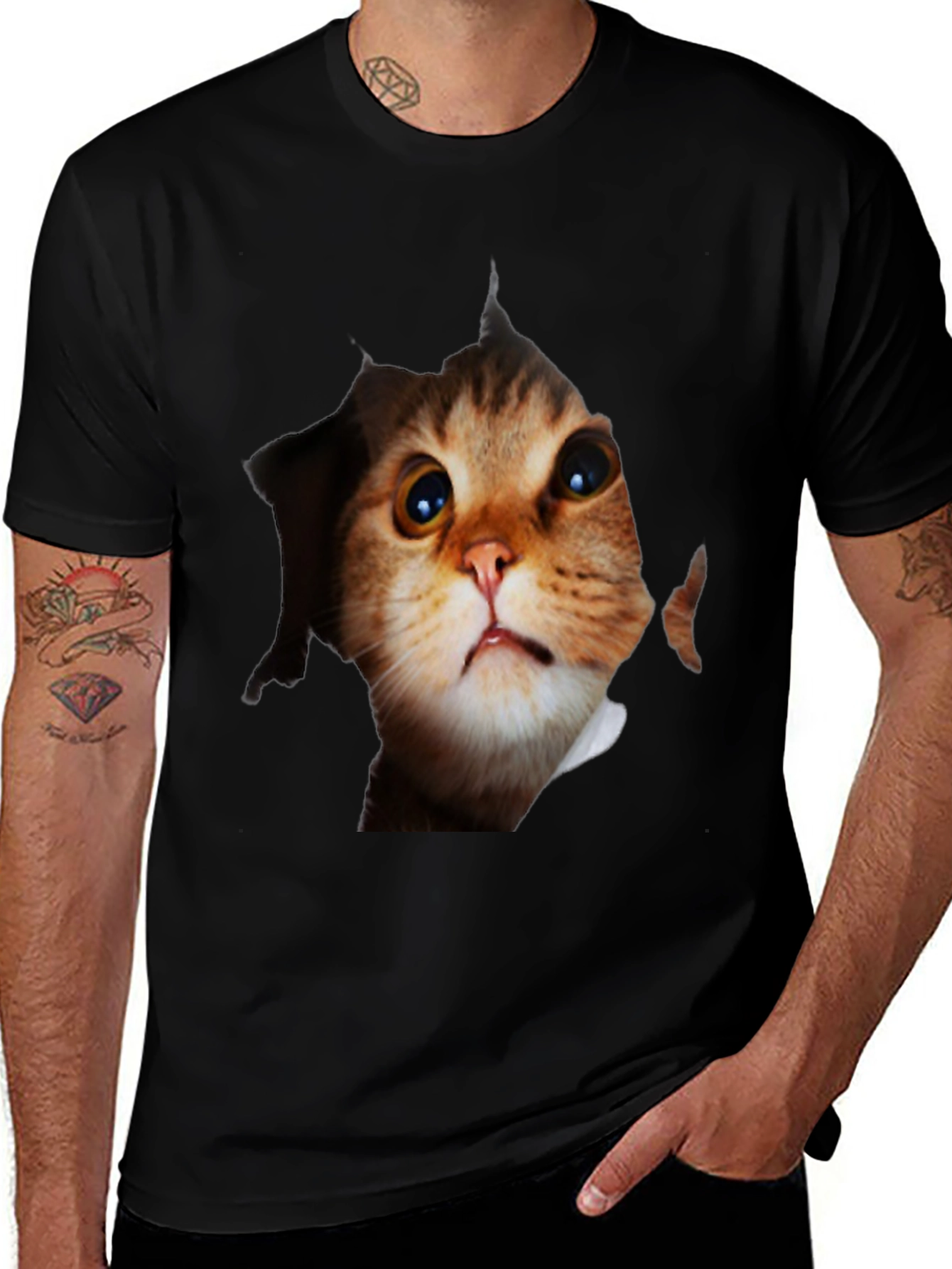 Variant 17 of 3D Cat Peeking Out Black T-Shirt