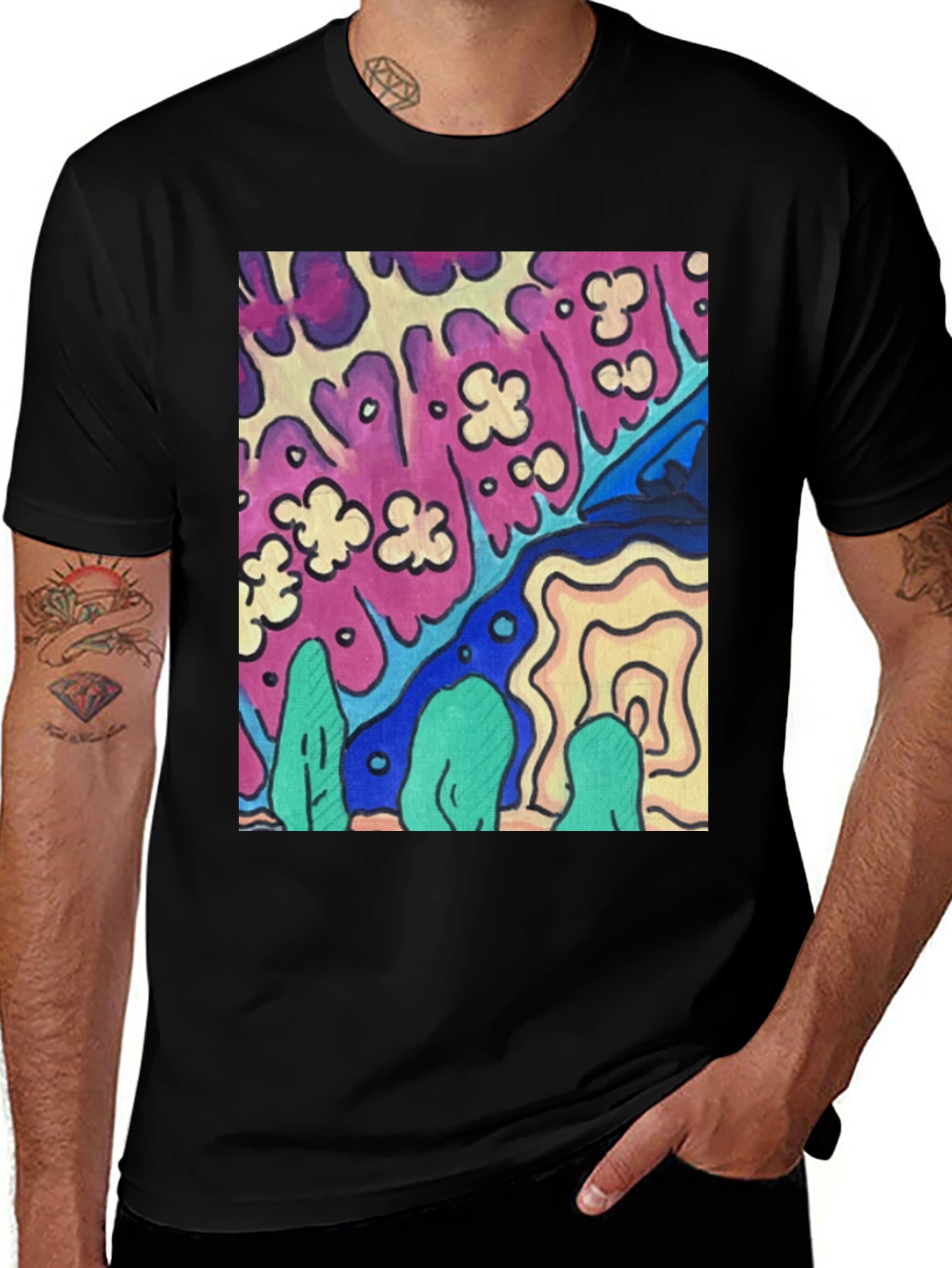 Variant 10 of Psychedelic Art Graphic T-Shirt, Black Crew Neck Tee