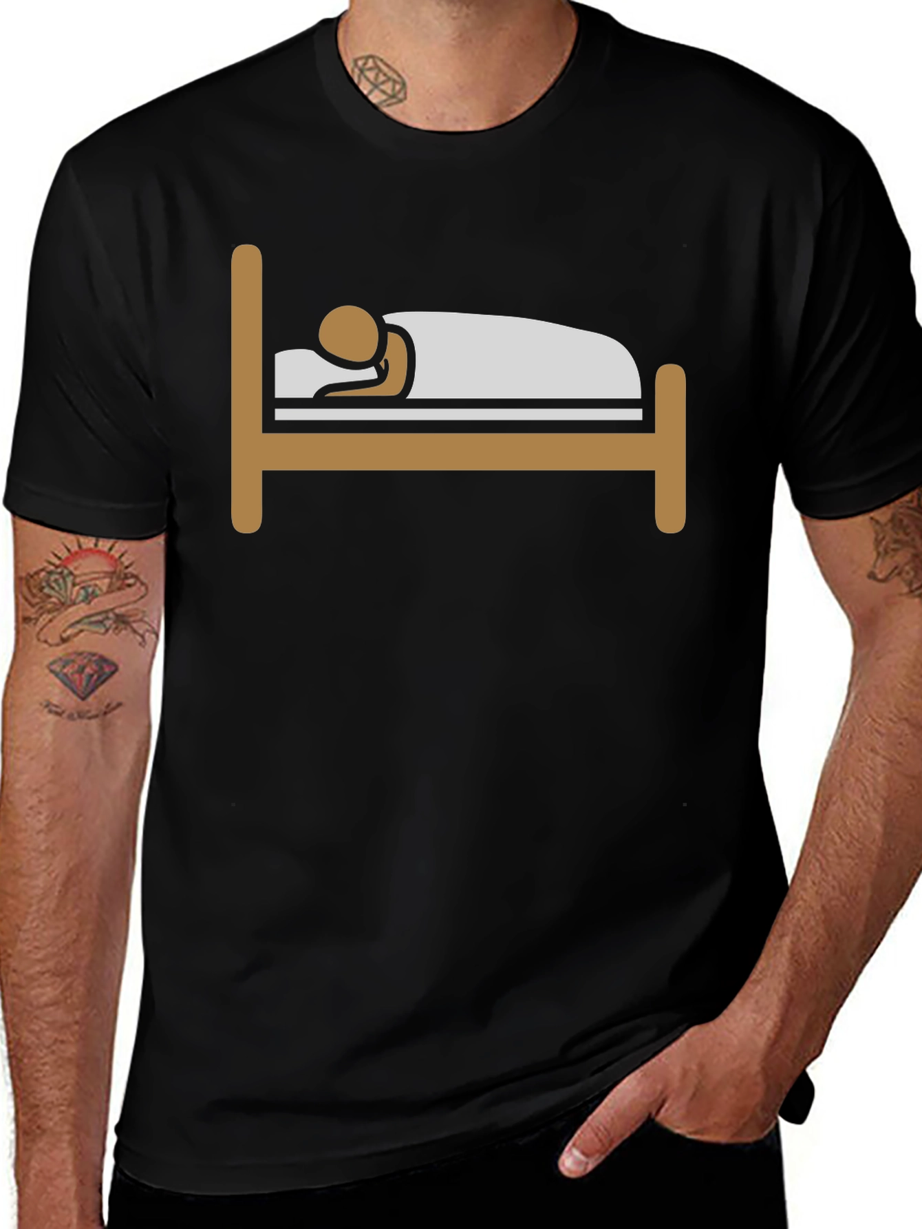Variant 22 of Funny Sleeping Man in Bed Graphic Tee - Black T-Shirt