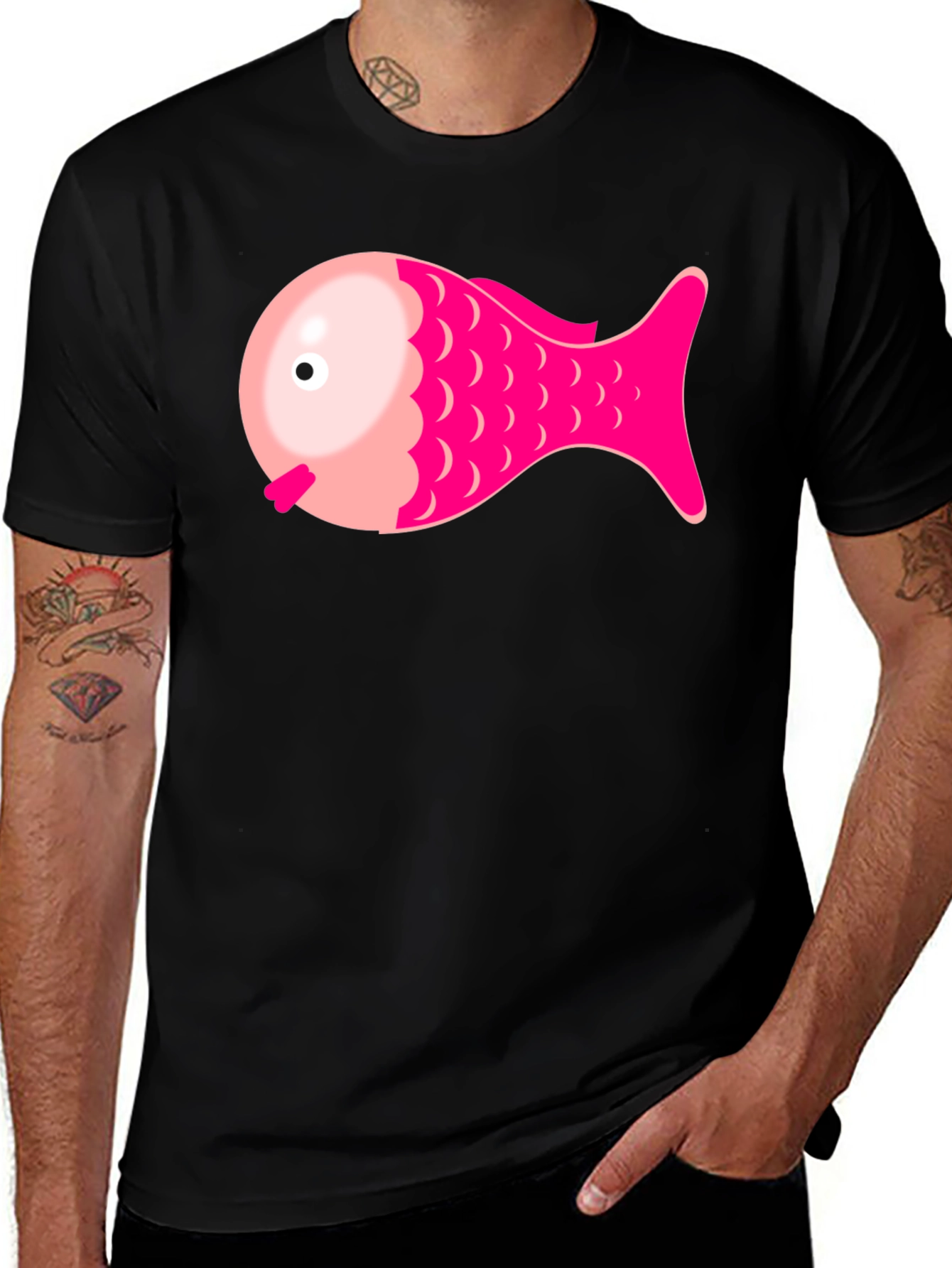 Variant 13 of Pink Fish Graphic Tee - Black Cotton Blend Shirt