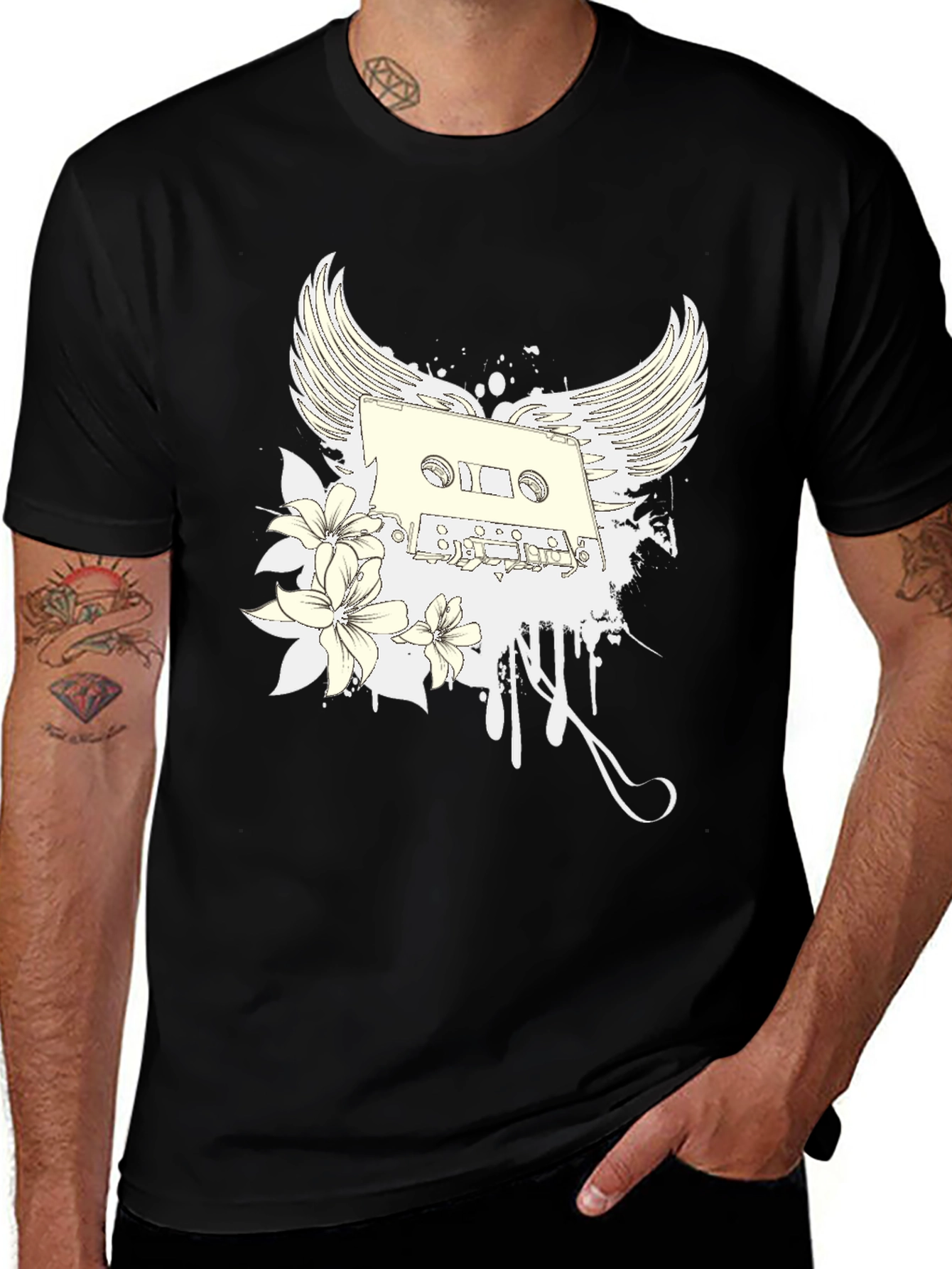 Retro Cassette Tape Wings Graphic Tee - Black