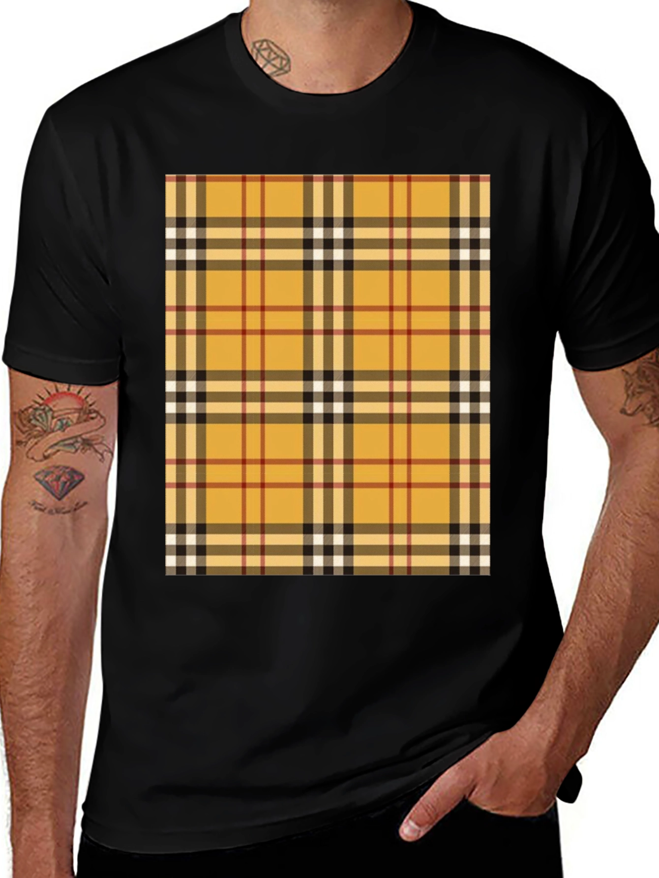Variant 15 of Men's Black T-Shirt with Plaid Print