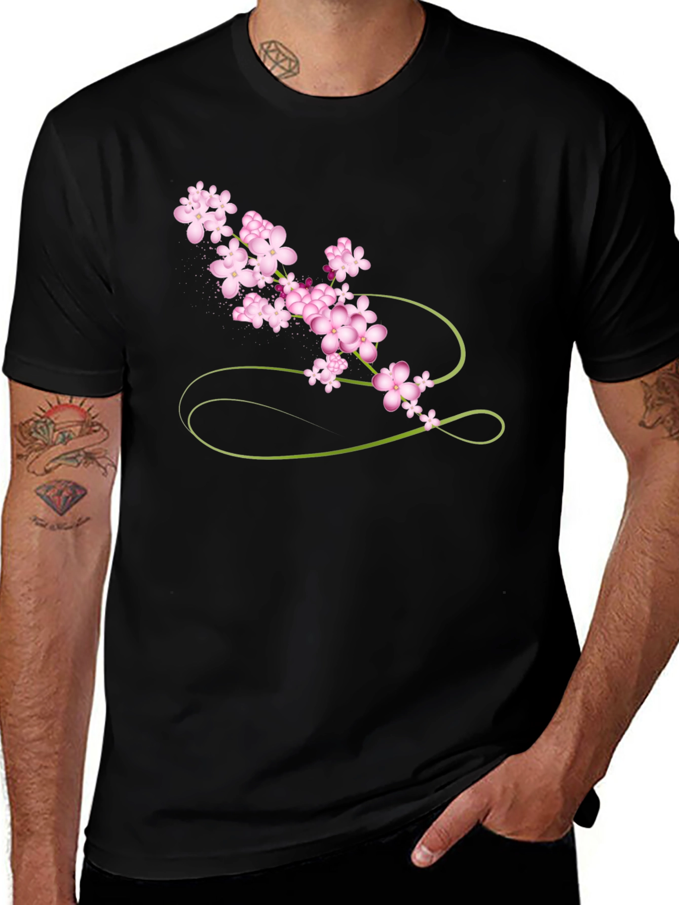 Variant 16 of Floral Print Black Cotton T-Shirt