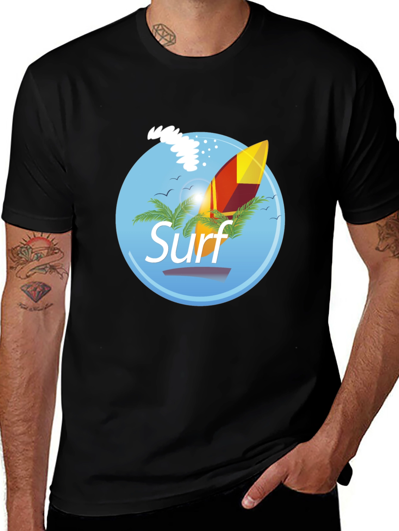Variant 15 of Surf Graphic T-Shirt - Black, Palm Trees, Surfboard