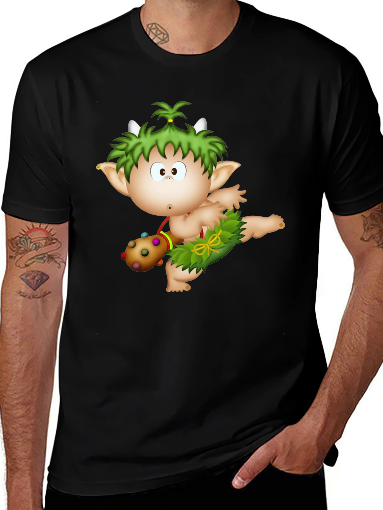 Cartoon Forest Sprite Graphic Tee - Black Cotton T-Shirt