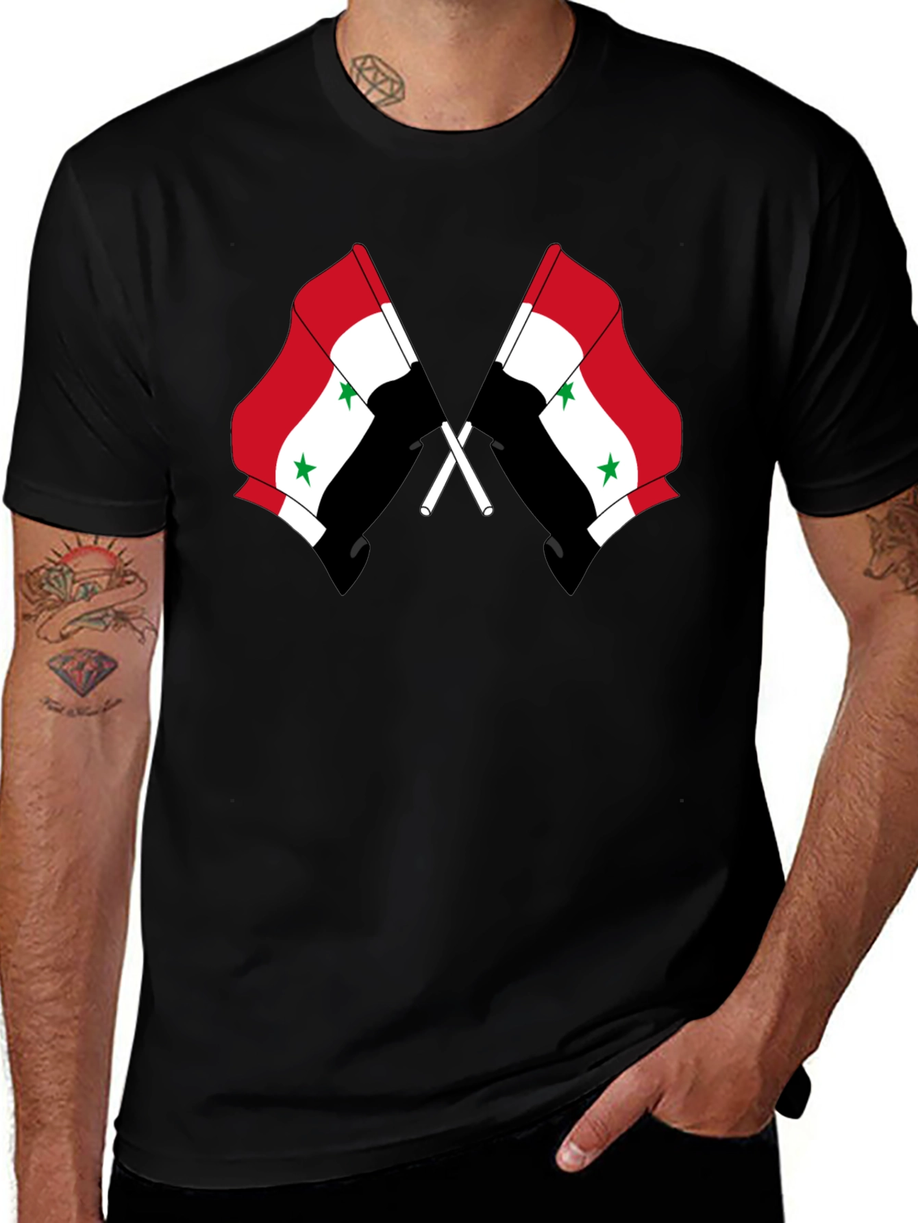 Syria Flag Graphic Tee - Black Cotton Blend T-Shirt