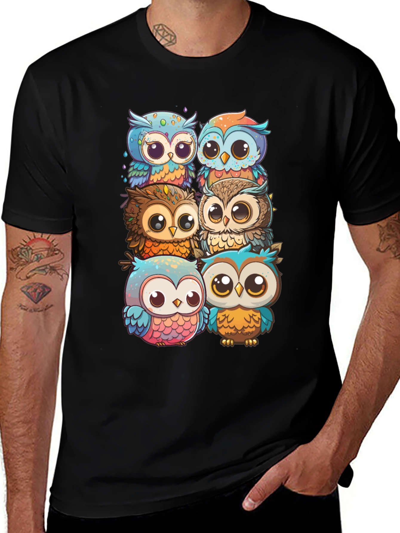 Variant 26 of Cute Owl Stack Graphic Tee - Unisex Black T-Shirt