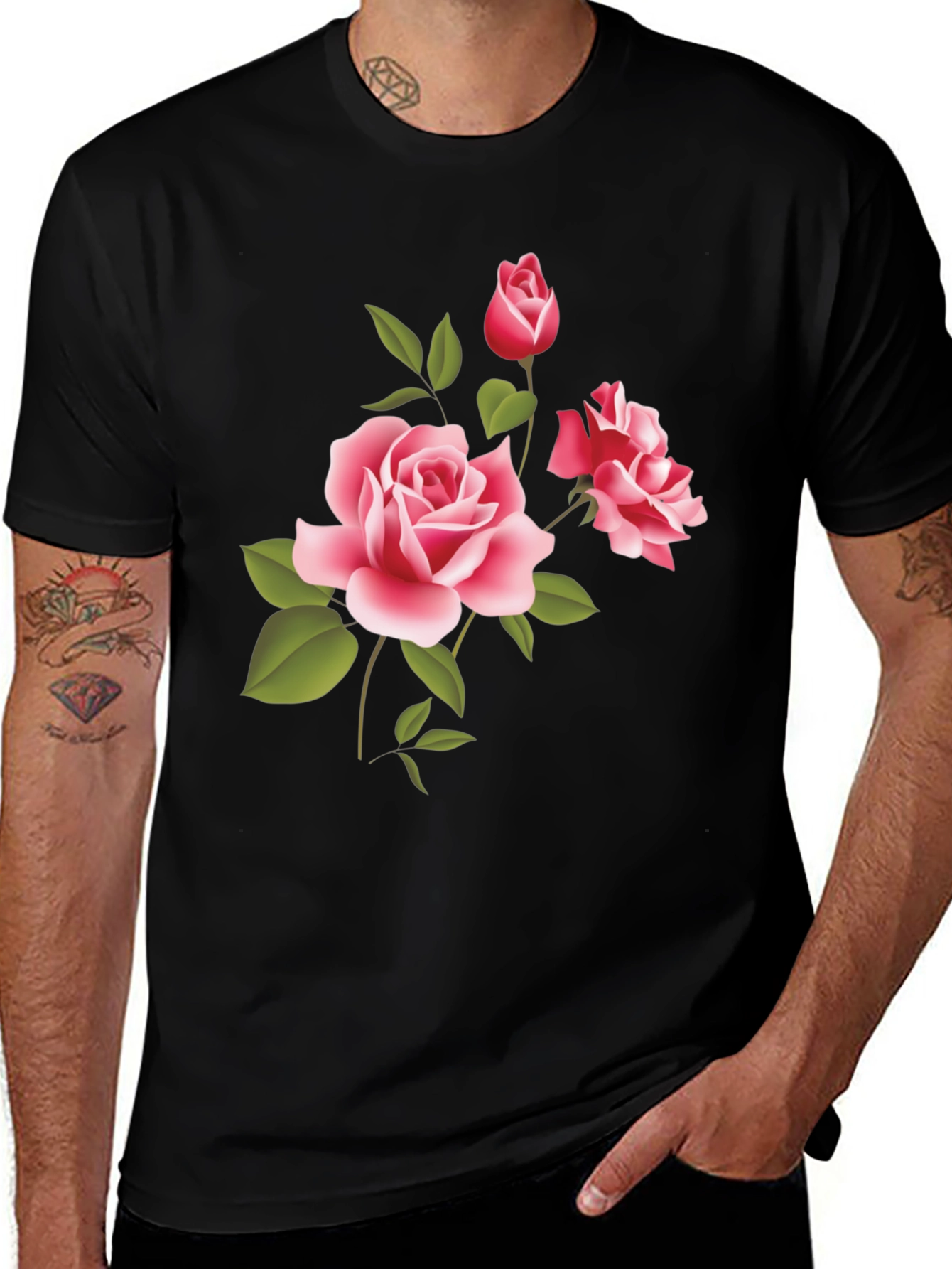 Elegant Rose Print Black T-Shirt