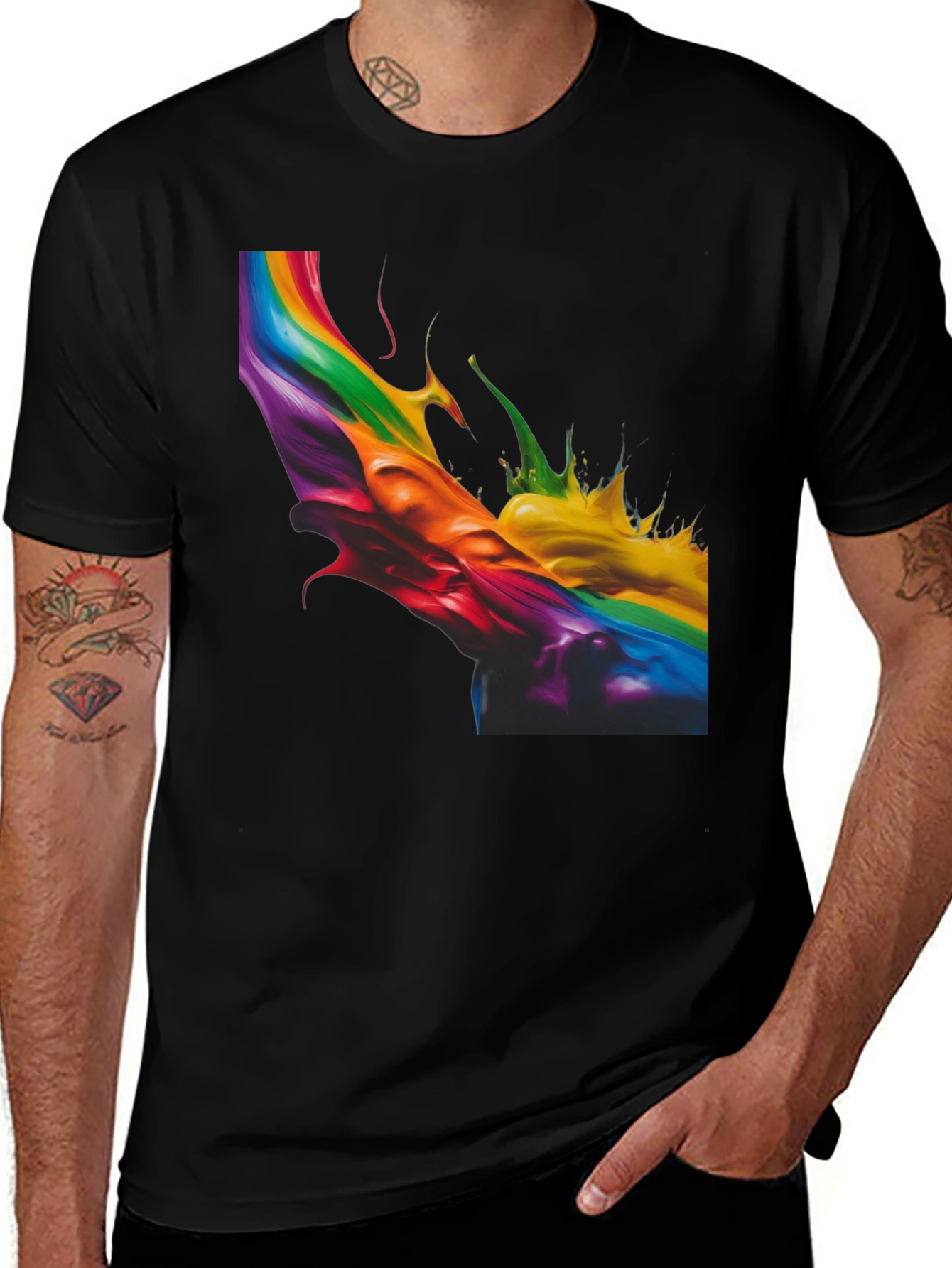 Variant 27 of Rainbow Paint Splatter Graphic Tee - Stylish Black T-Shirt