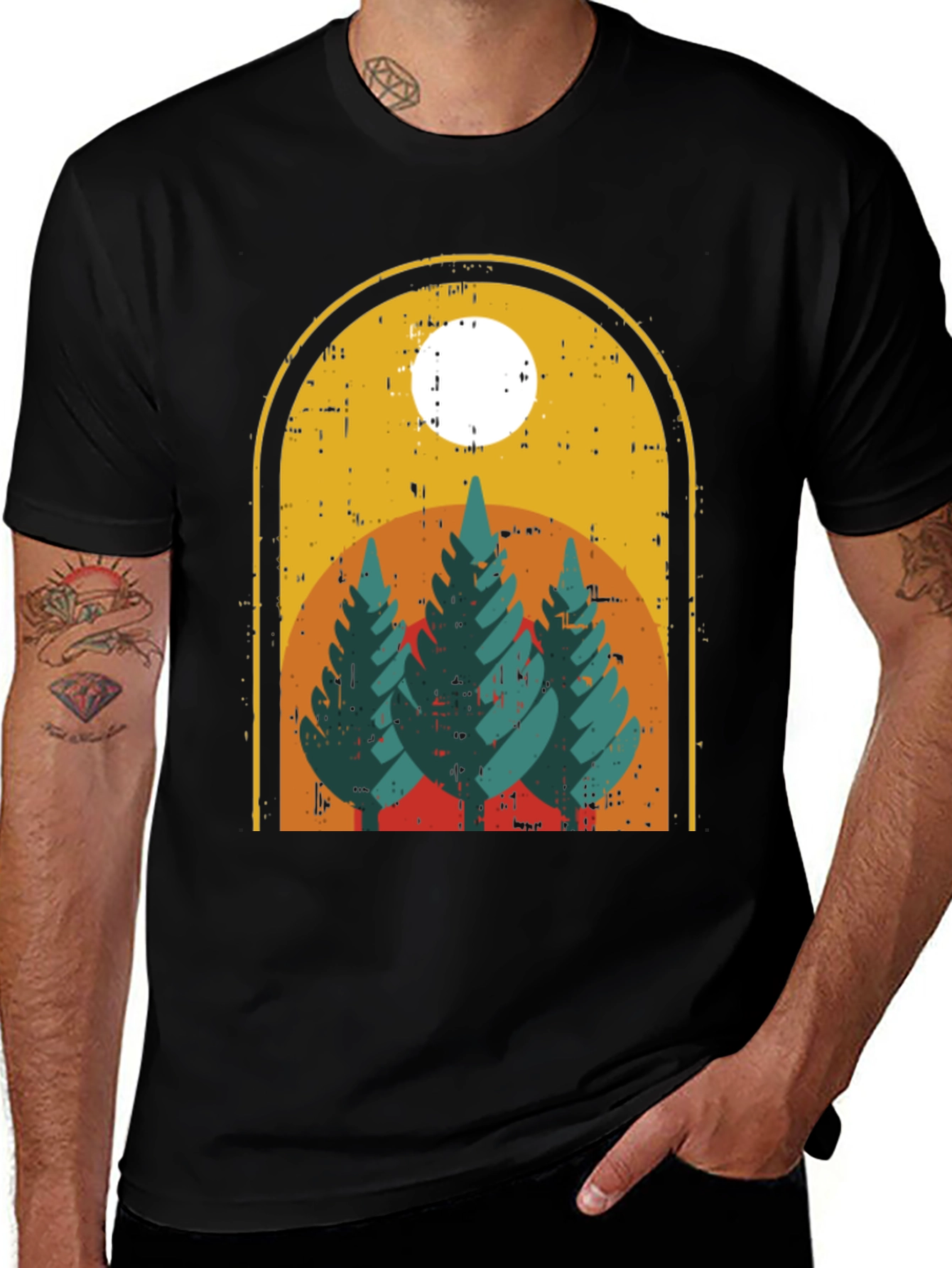 Retro Mountain Trees Graphic Tee - Black