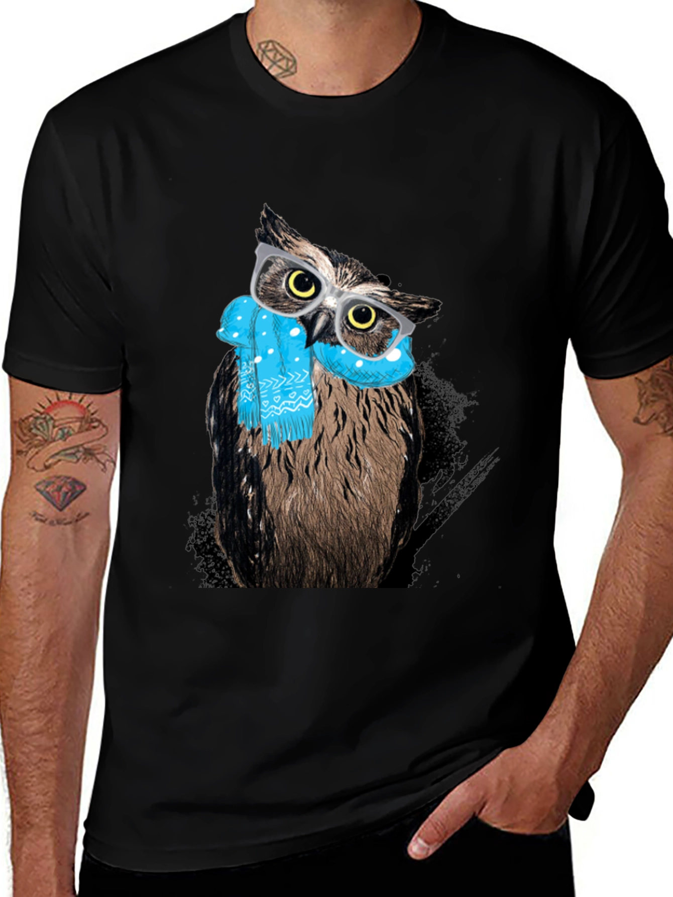 Variant 18 of Owl with Glasses Graphic Tee - Men's Black T-Shirt