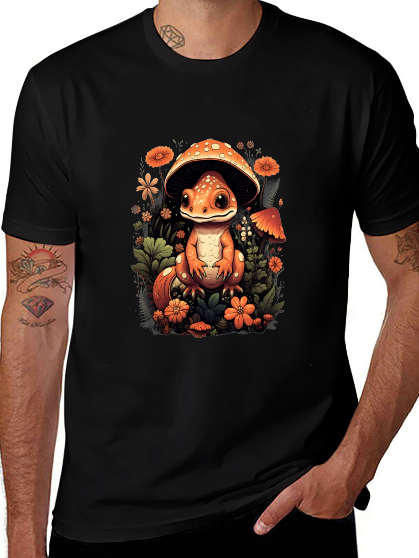 Variant 25 of Mushroom Lizard Graphic Tee - Whimsical Black T-Shirt