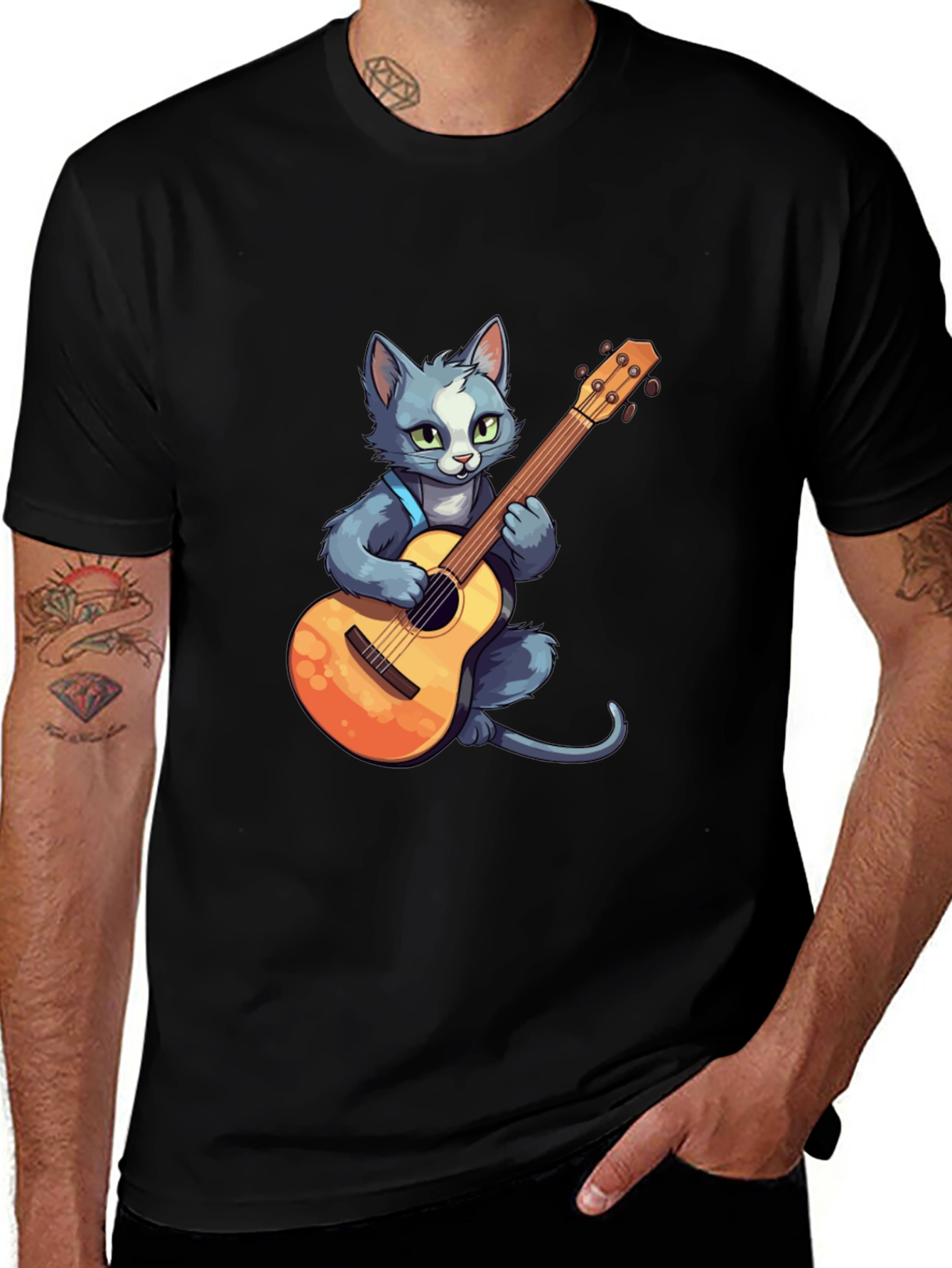 Variant 25 of Cat Guitarist T-Shirt - Black Cotton Tee