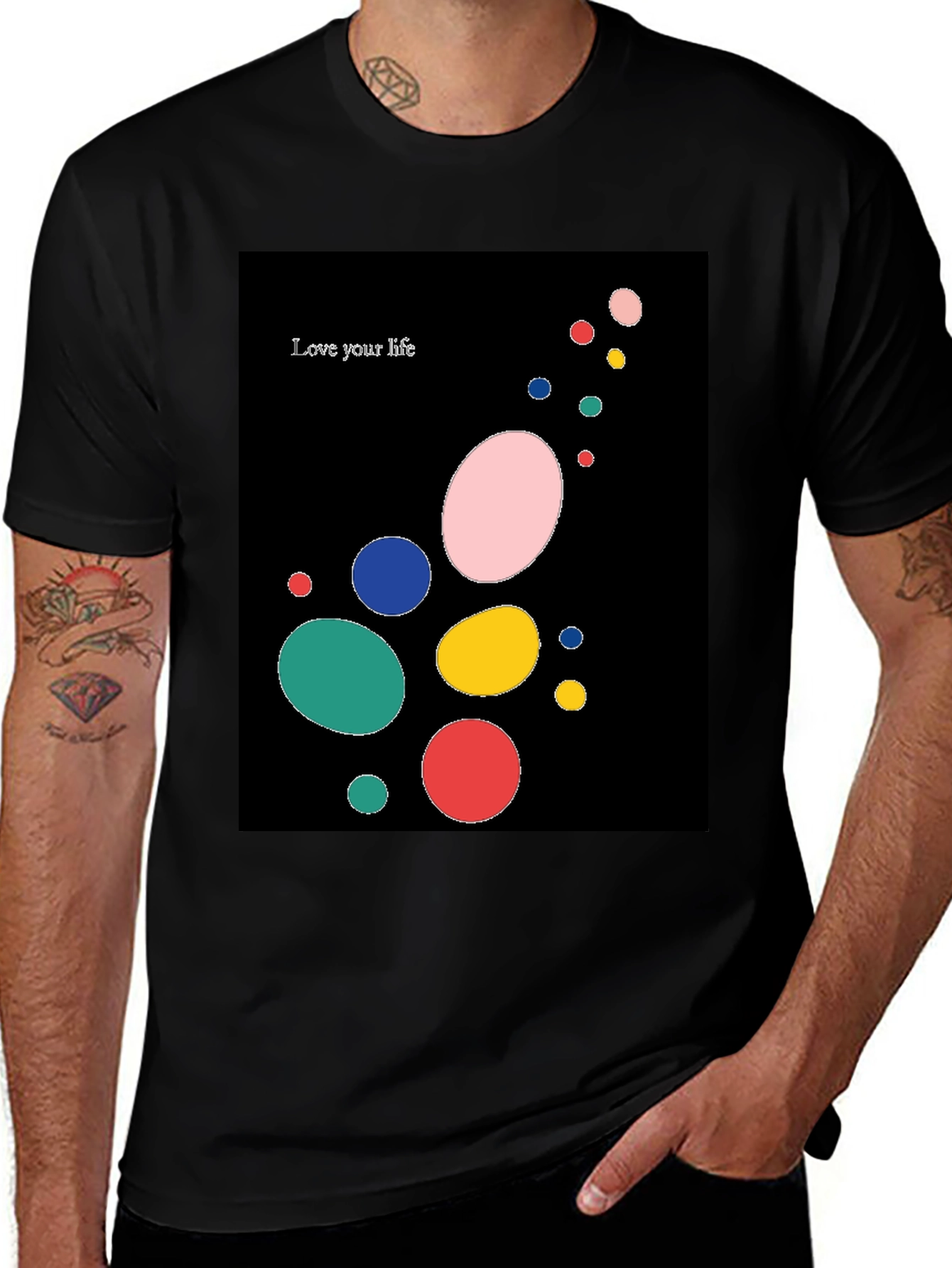 Variant 21 of Love Your Life Black T-Shirt with Colorful Bubble Design
