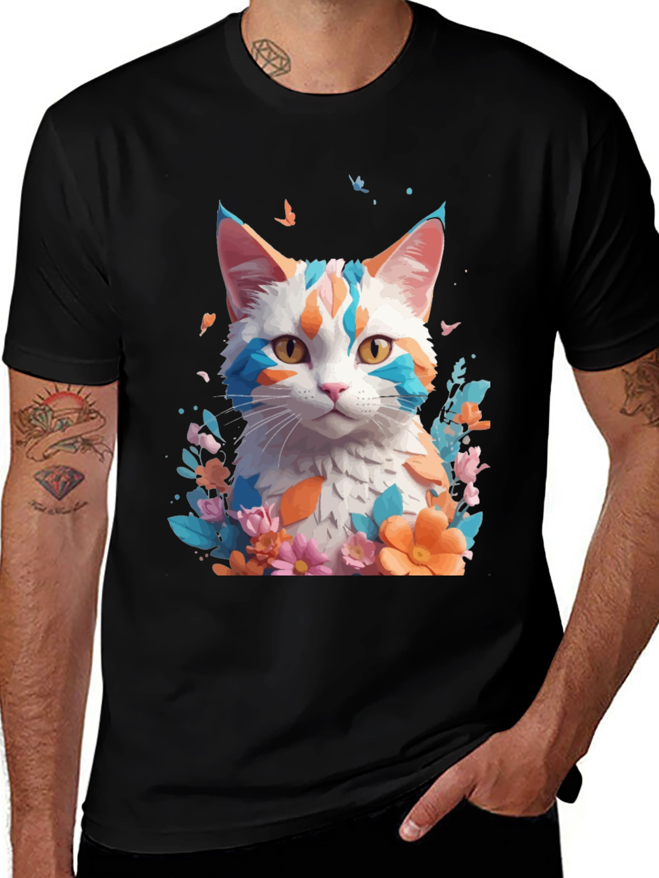 Variant 15 of Floral Cat Graphic Tee - Stylish Comfort