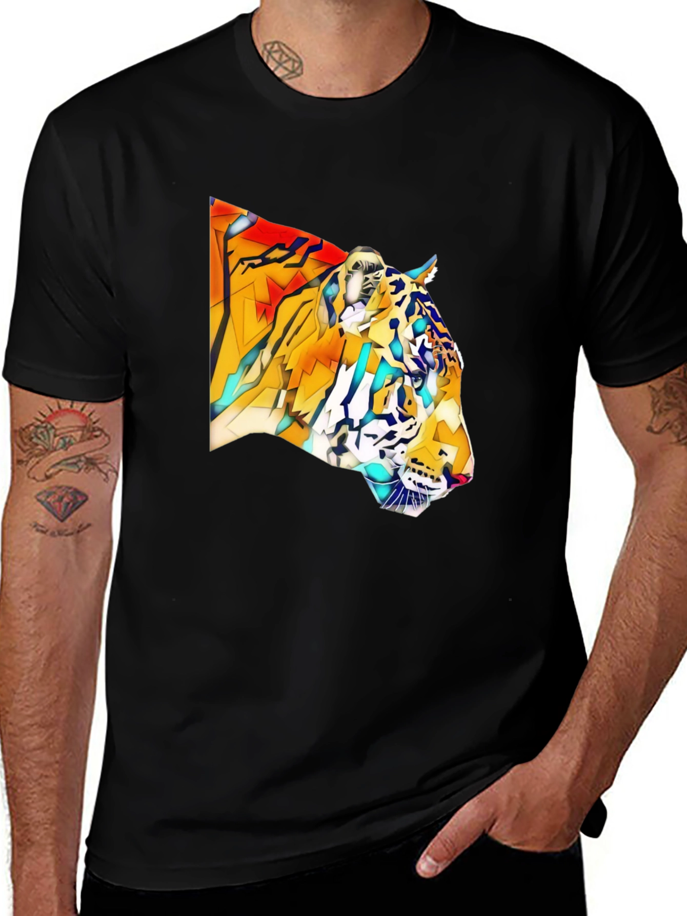 Variant 26 of Geometric Tiger Graphic Black T-Shirt