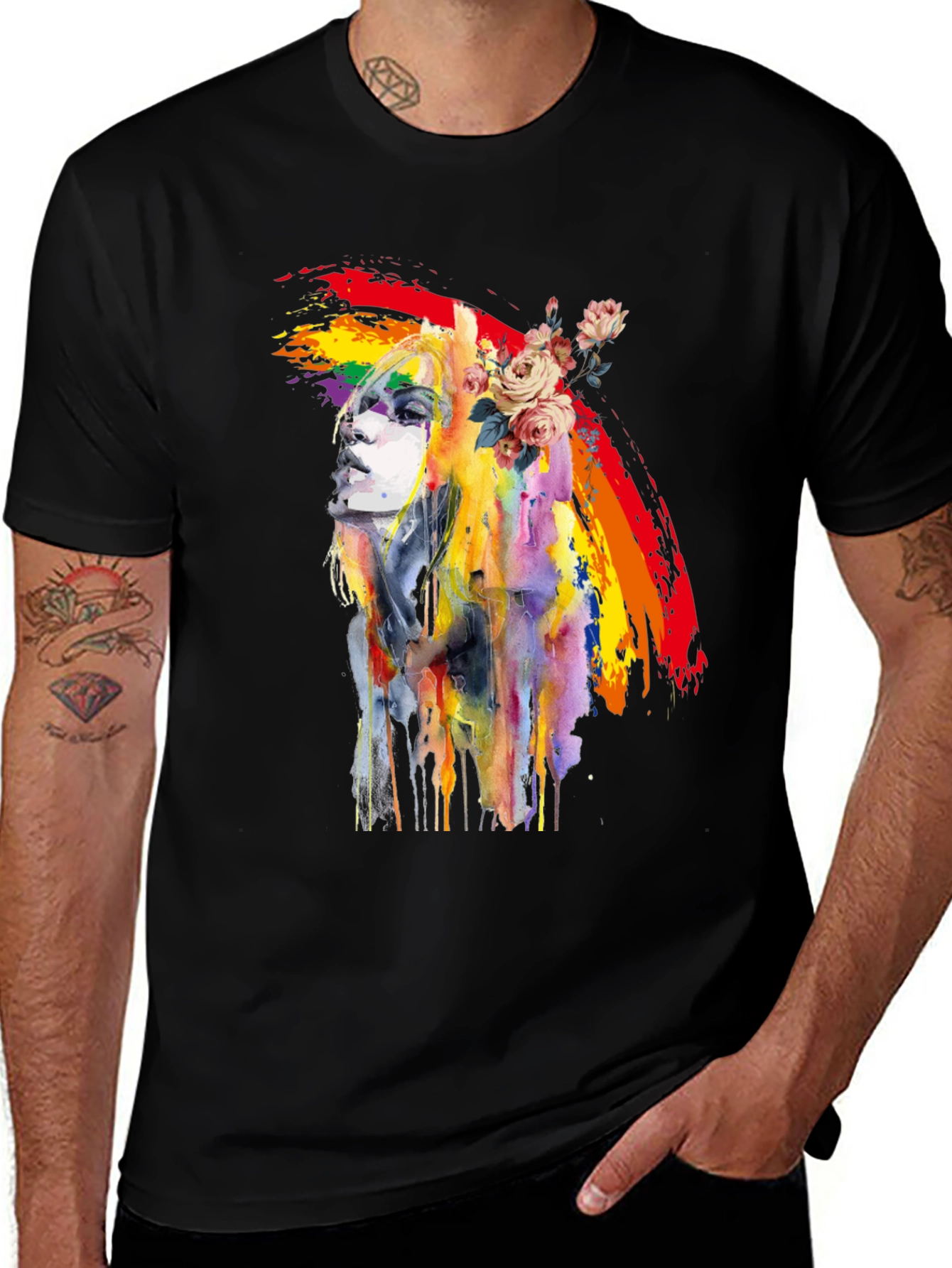 Variant 13 of Rainbow Woman Graphic Tee - Artsy Black T-Shirt
