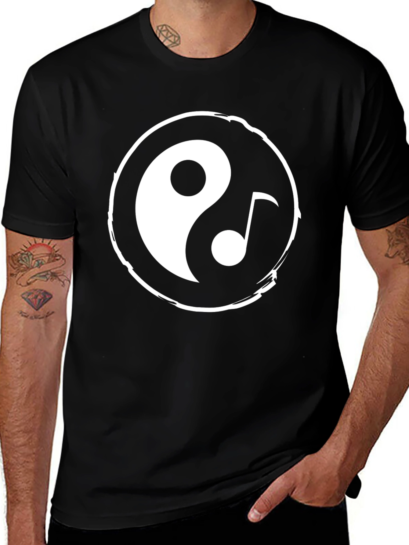 Yin Yang Music Note Graphic Tee - Black Cotton Blend