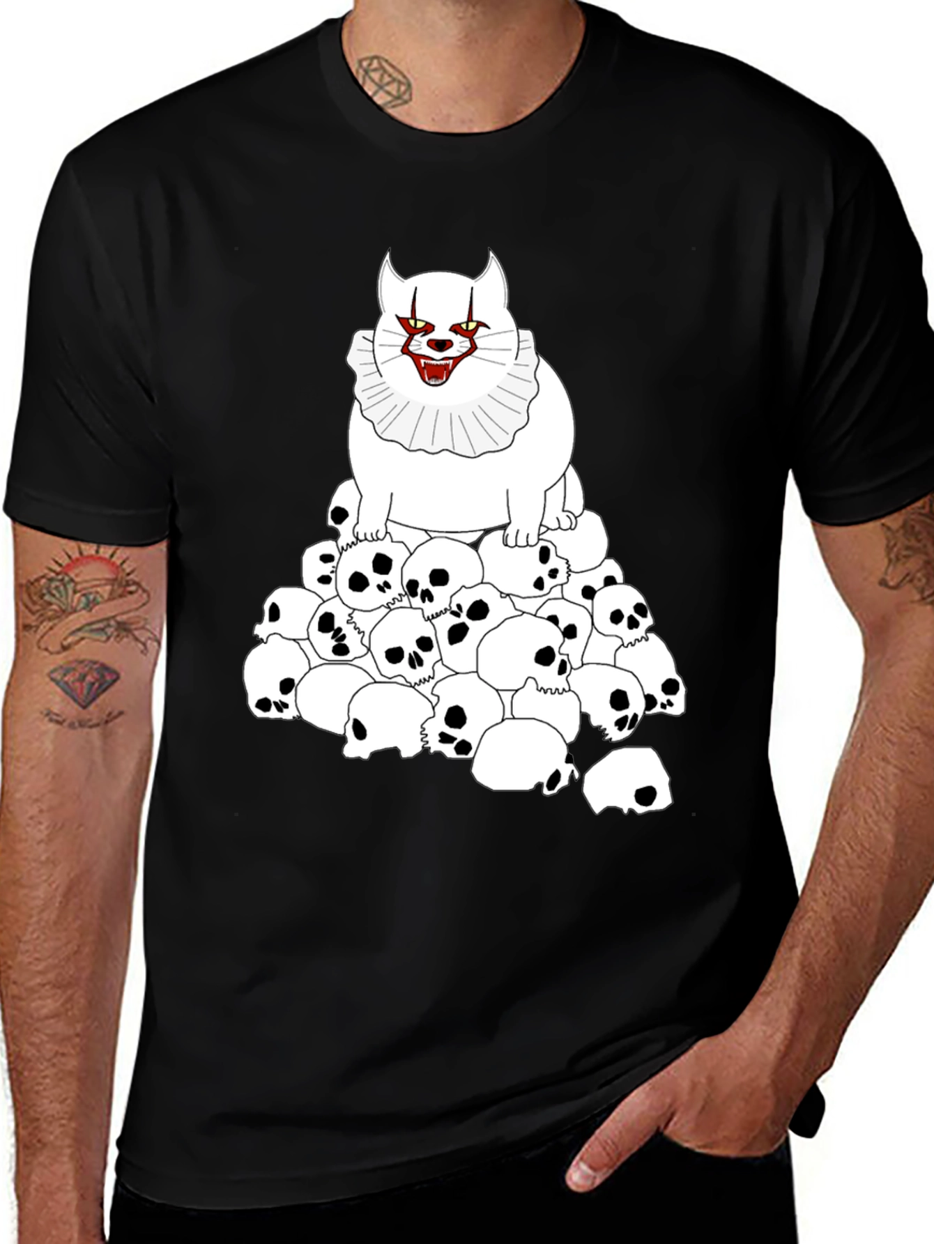 Creepy Cat & Skulls Black T-Shirt