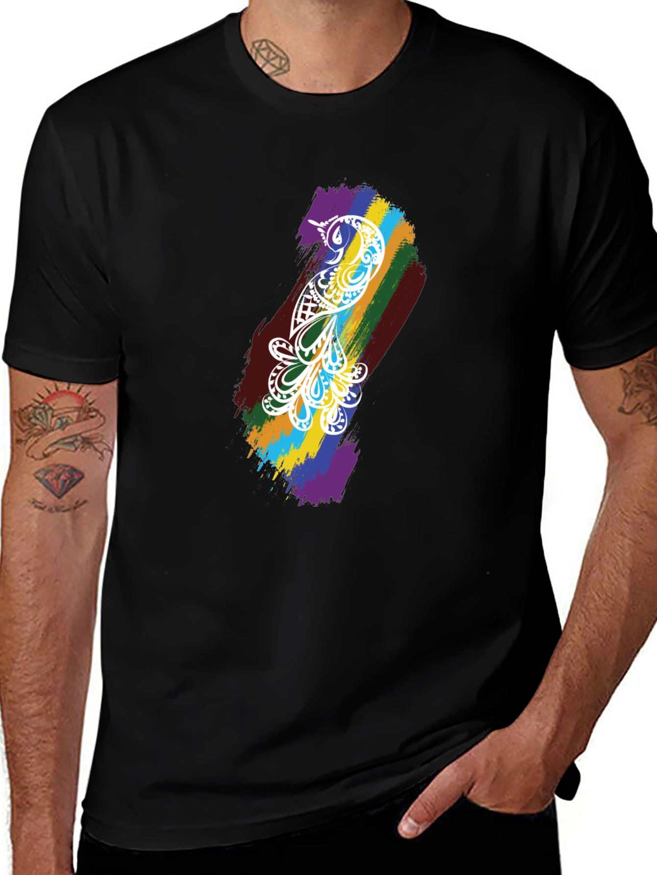 Variant 17 of Rainbow Peacock Graphic Tee - Black Cotton T-Shirt