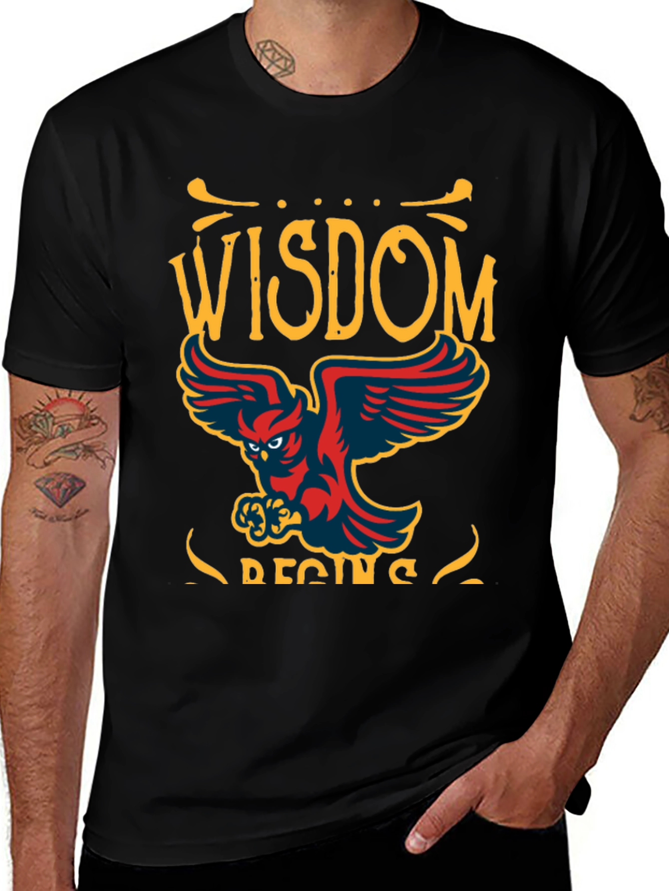 Variant 15 of Wisdom Begins Owl Graphic Black T-Shirt