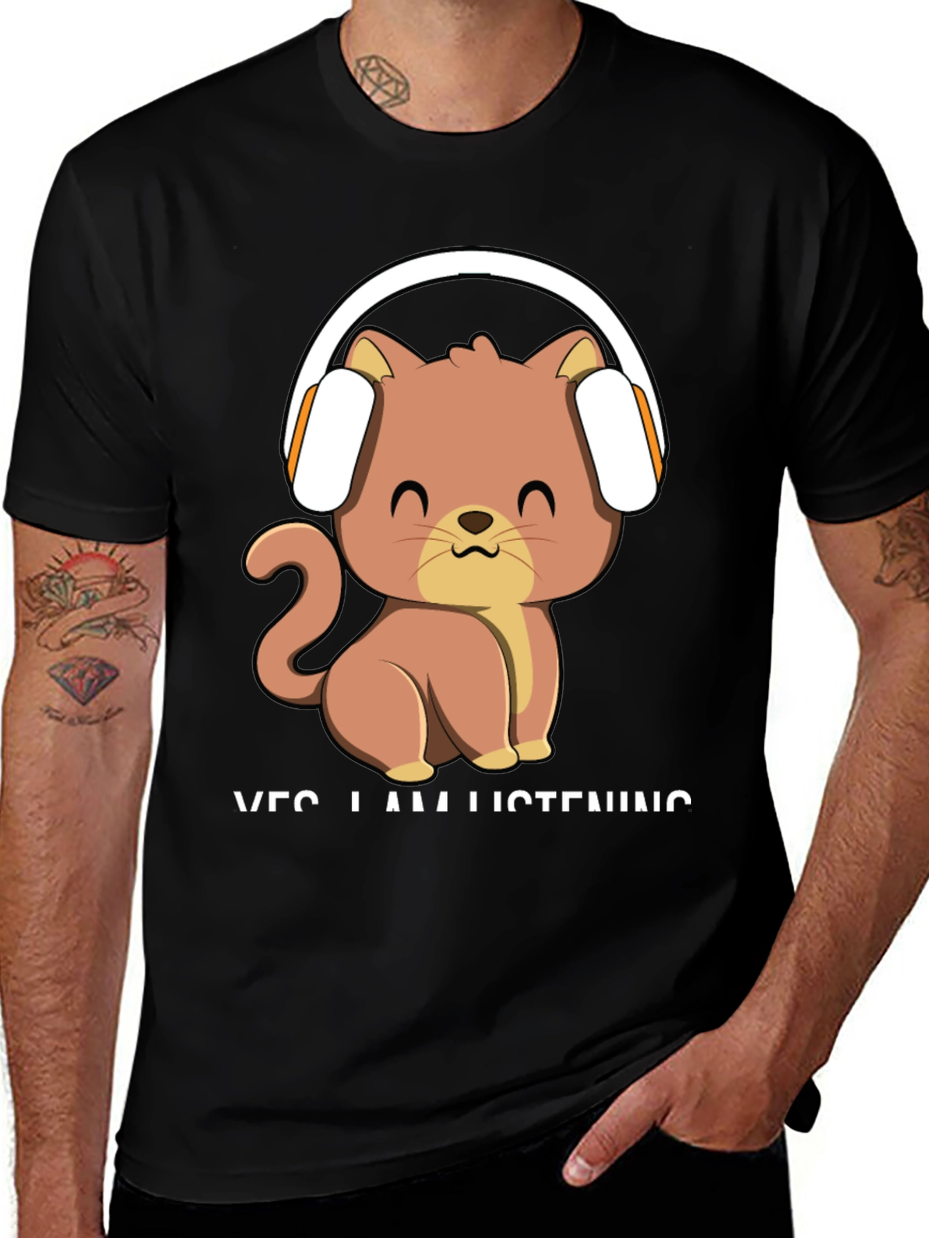 Variant 13 of Cat Headphone T-Shirt - Yes I am Listening!