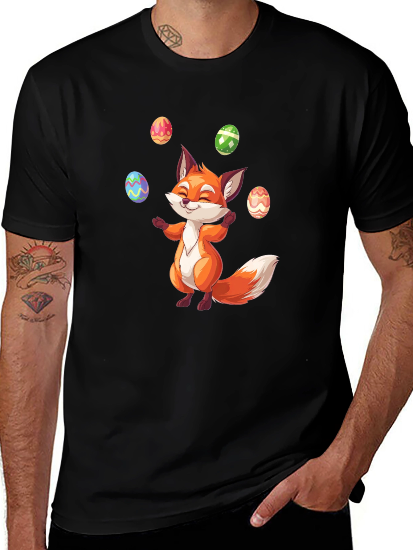 Fox Juggling Eggs Easter T-Shirt - Black Cotton Tee