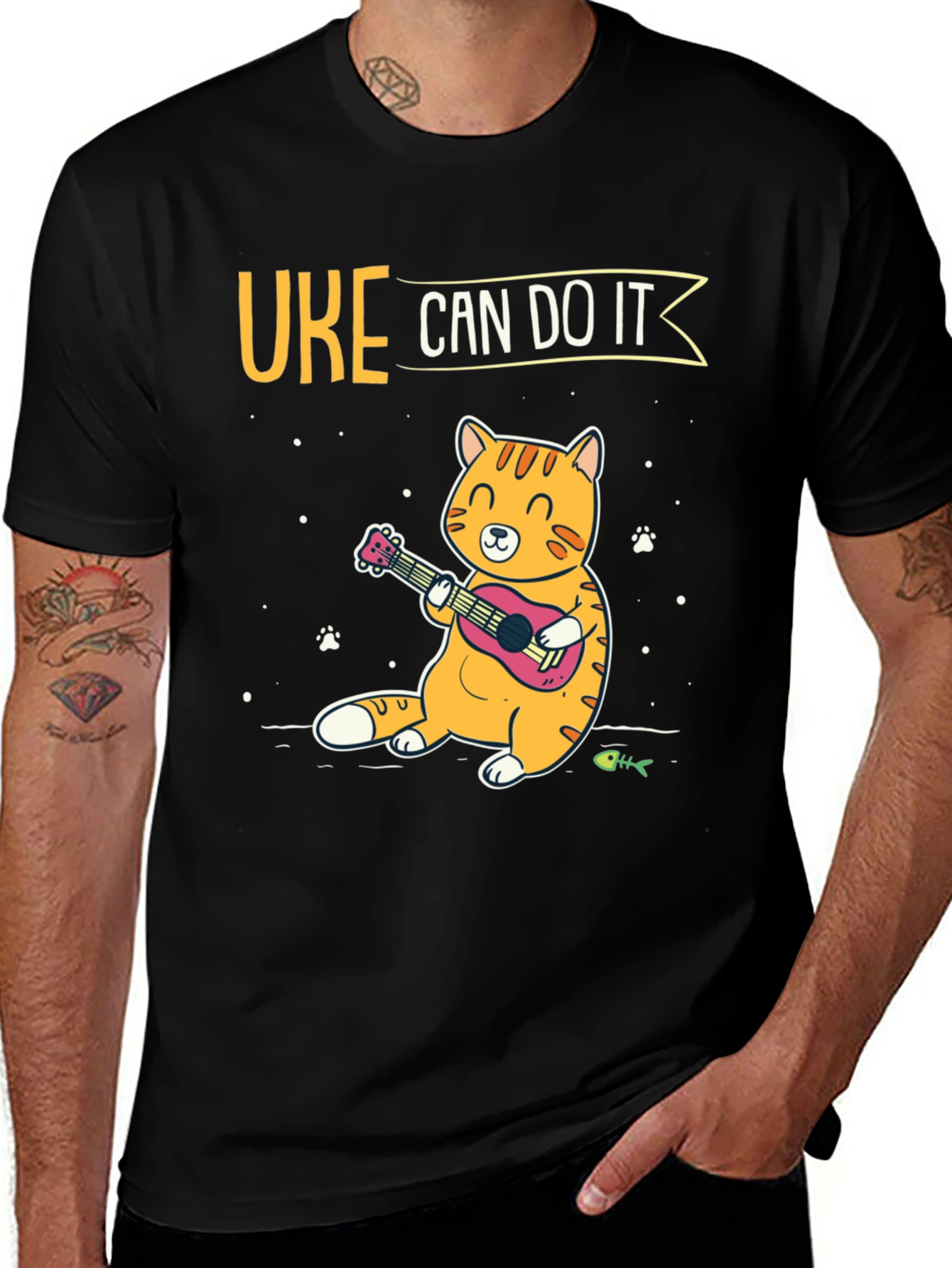 Uke Can Do It Black T-Shirt - Cat Playing Ukulele