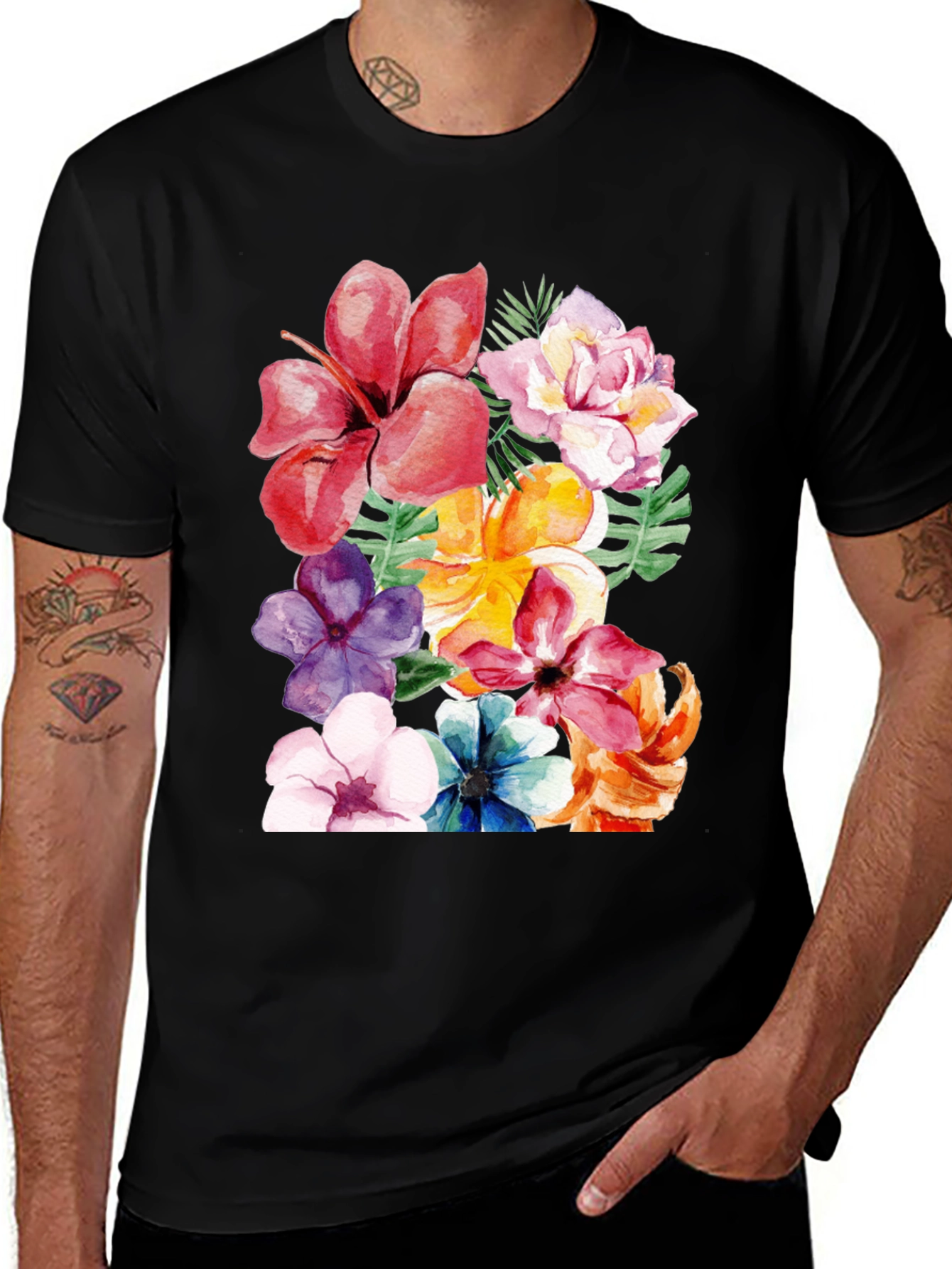 Black Floral Print Black T-Shirt - Tropical Flower Design main image