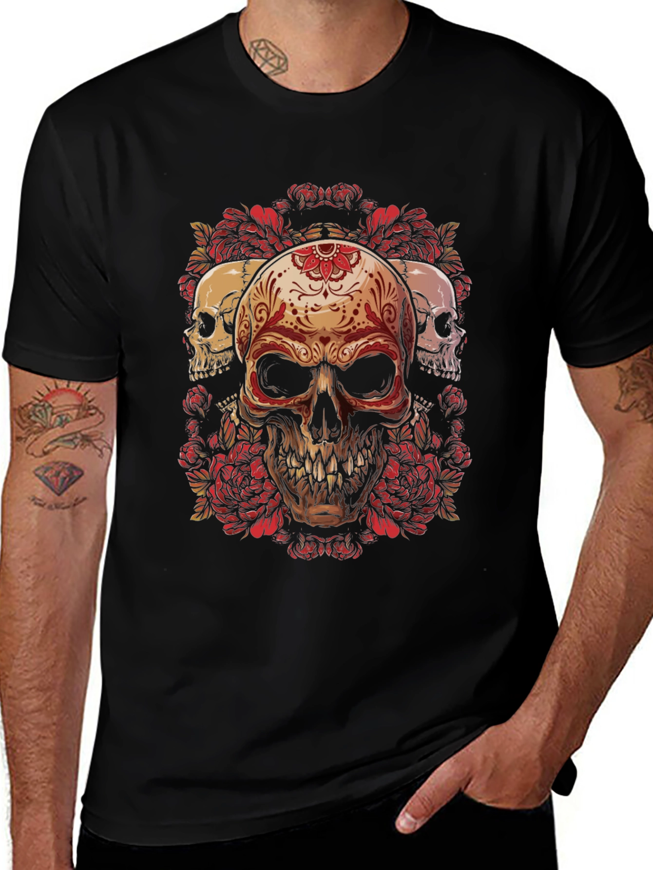Variant 18 of Skull & Roses Graphic Tee - Dark Style