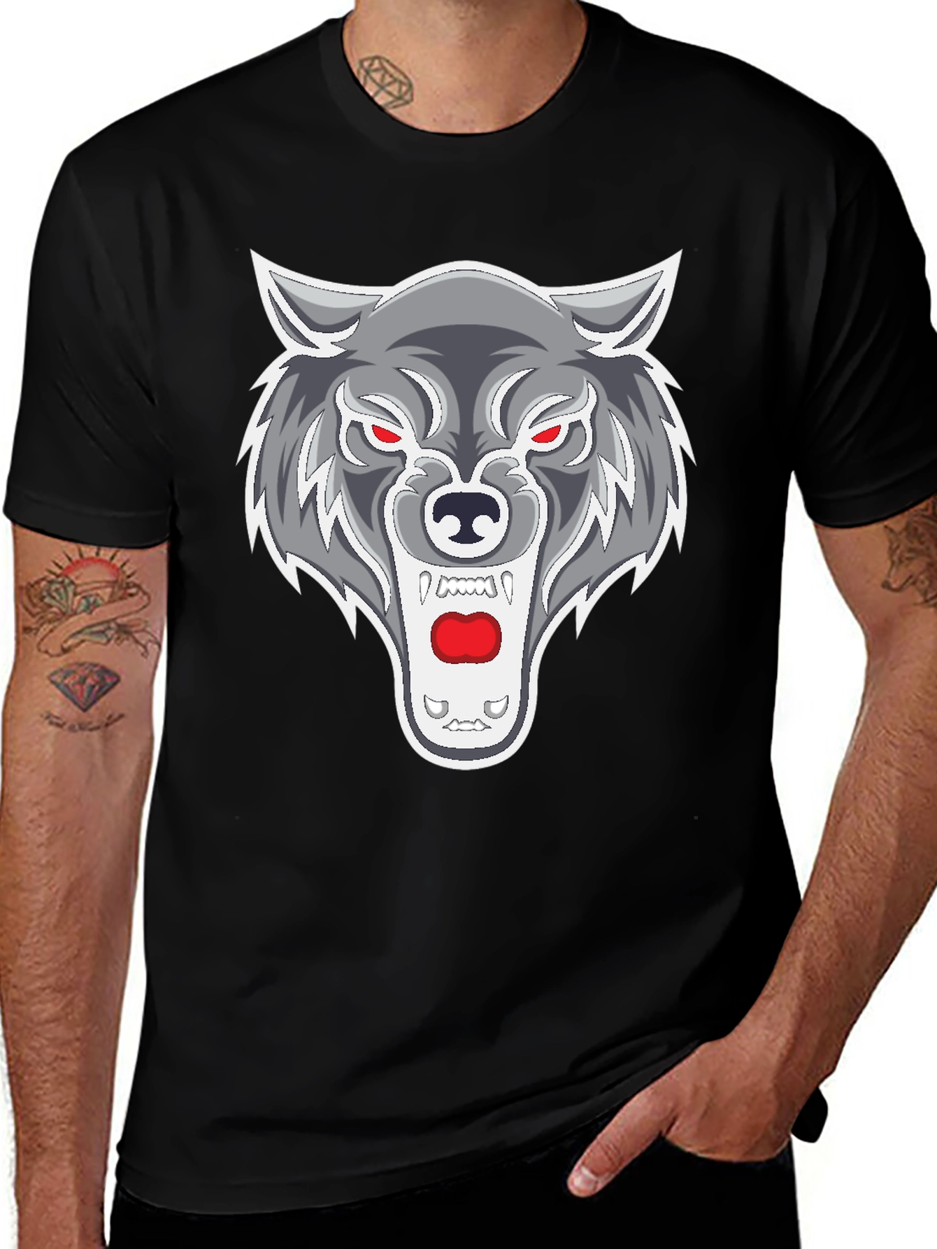 Variant 24 of Men's Black T-Shirt with Wolf Graphic