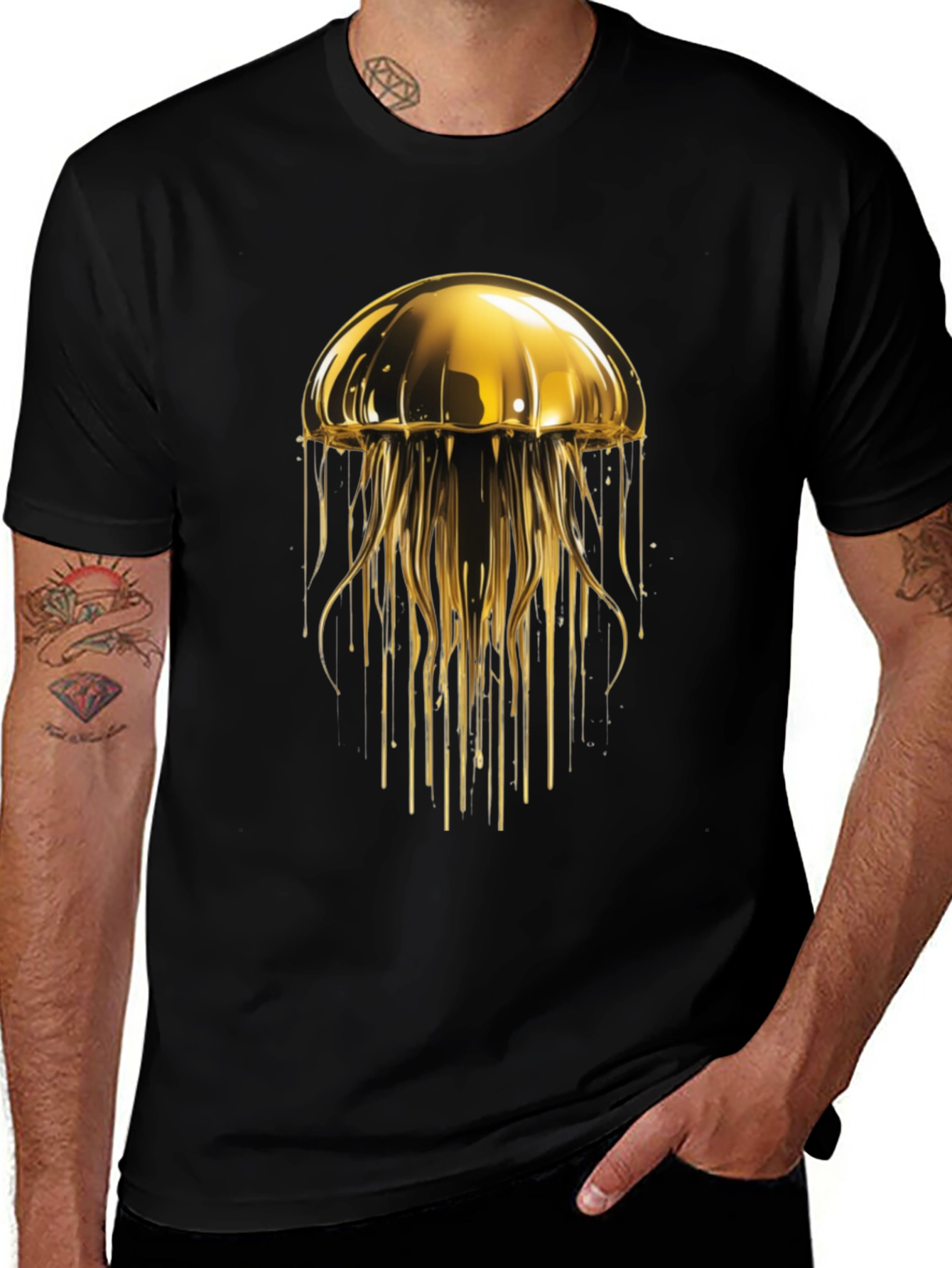 Variant 4 of Golden Jellyfish Graphic Tee - Black Cotton T-Shirt