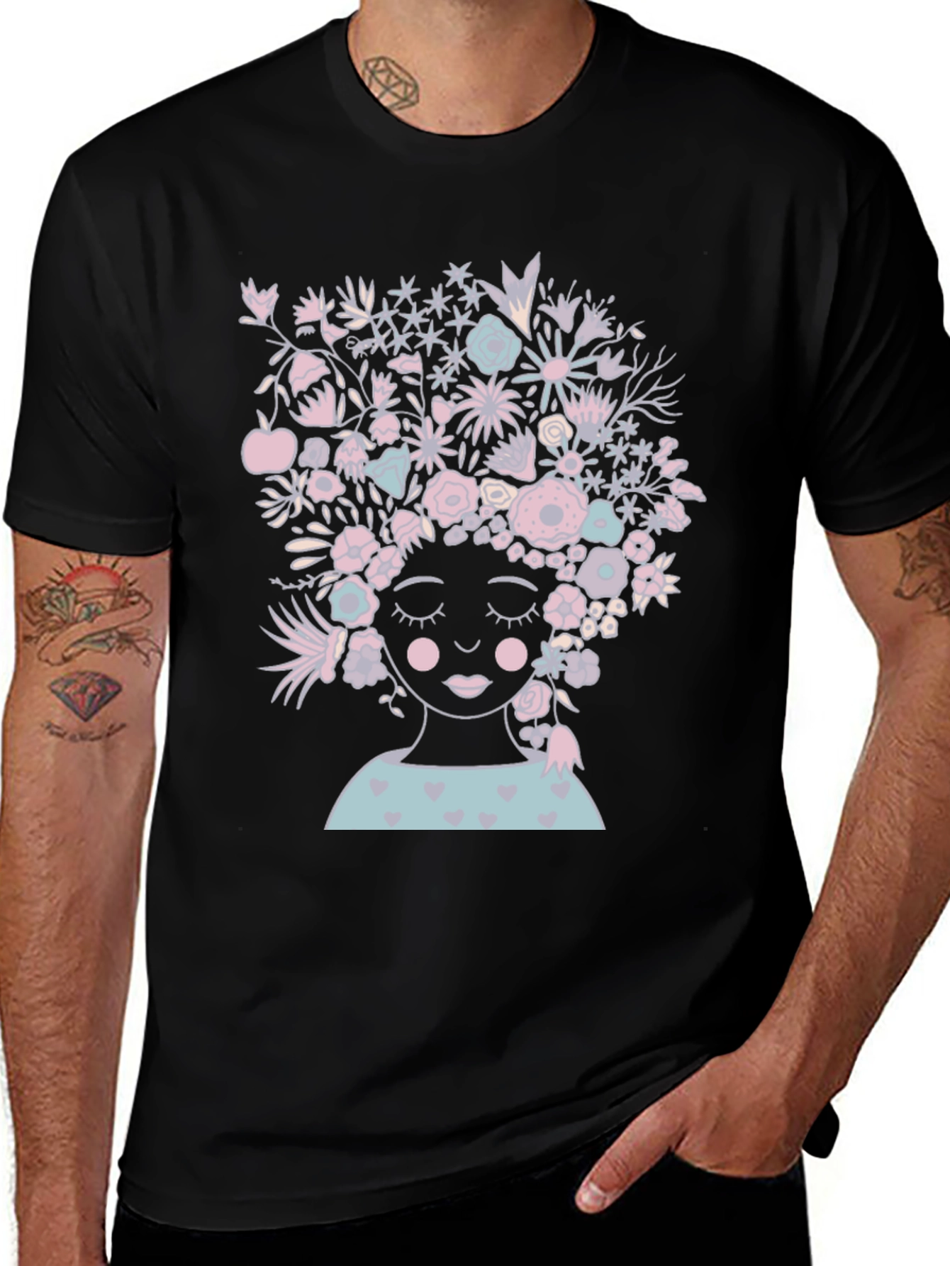 Variant 19 of Floral Woman Graphic Tee - Black Cotton T-Shirt