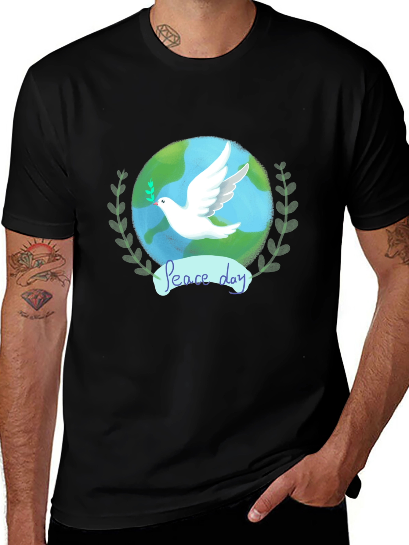 Peace Day Dove Graphic Tee - Black Cotton T-Shirt