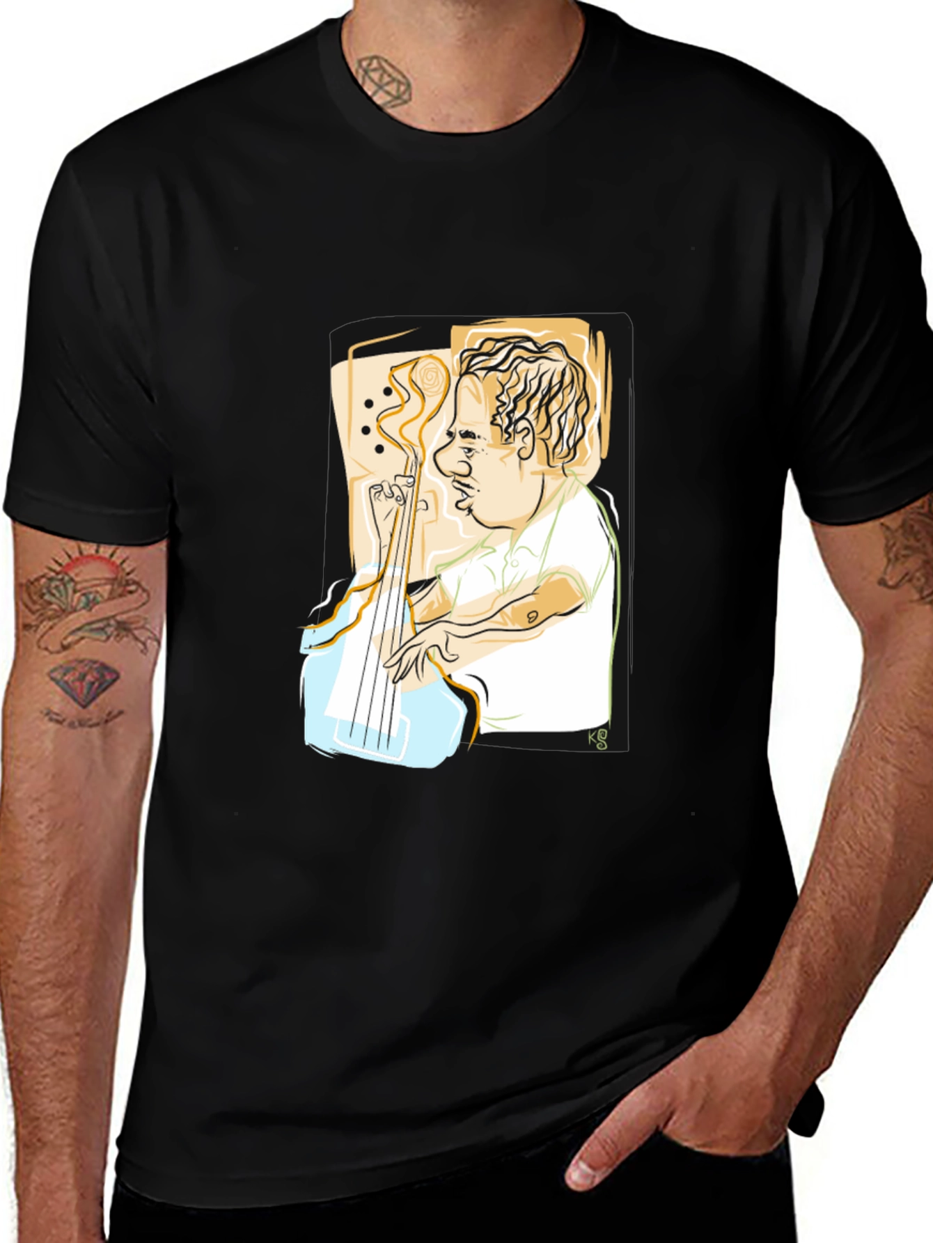 Variant 24 of Bass Player Cartoon Black T-Shirt