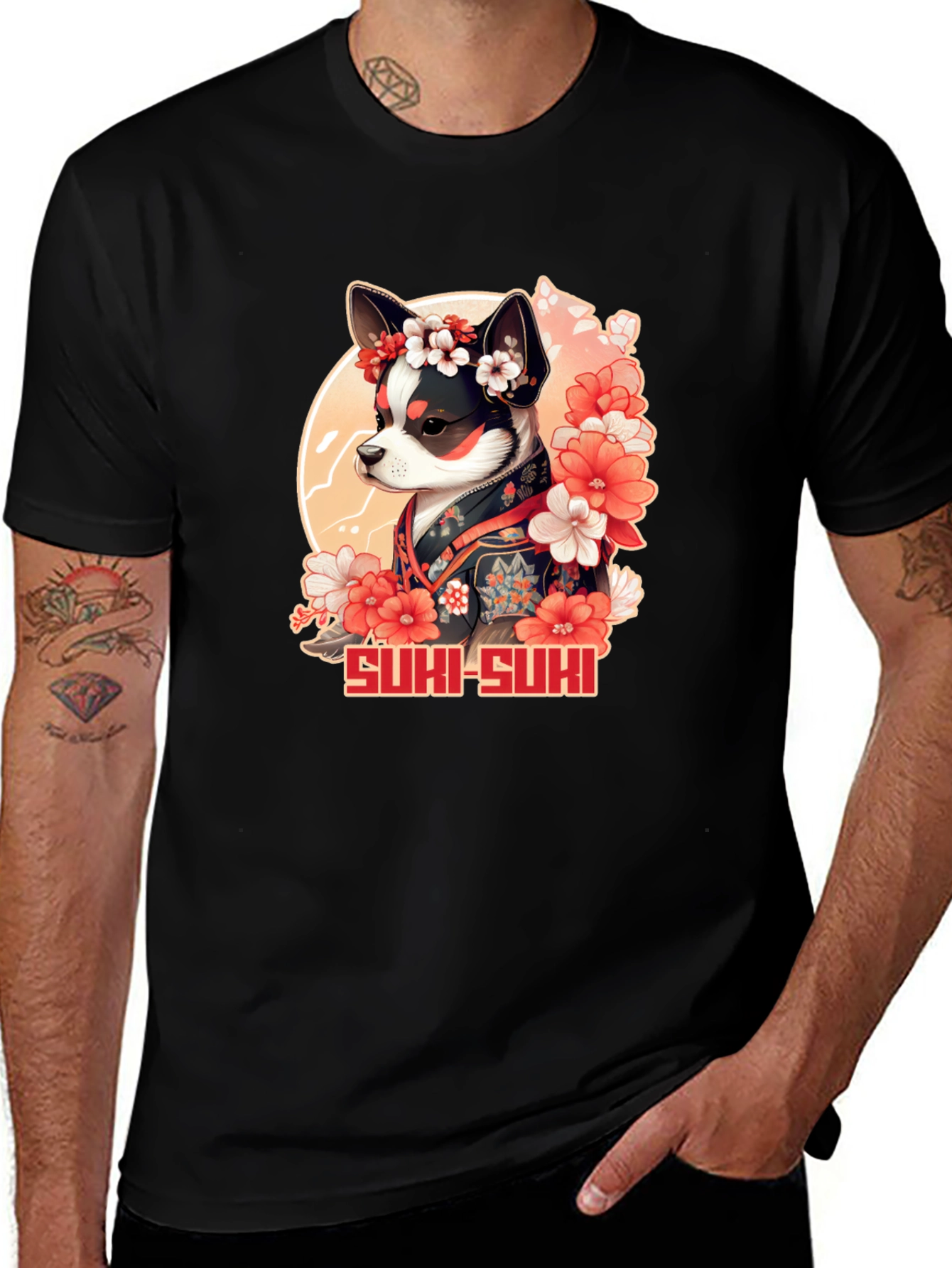 Variant 27 of Dog in Kimono Black T-Shirt - Suki Suki Design
