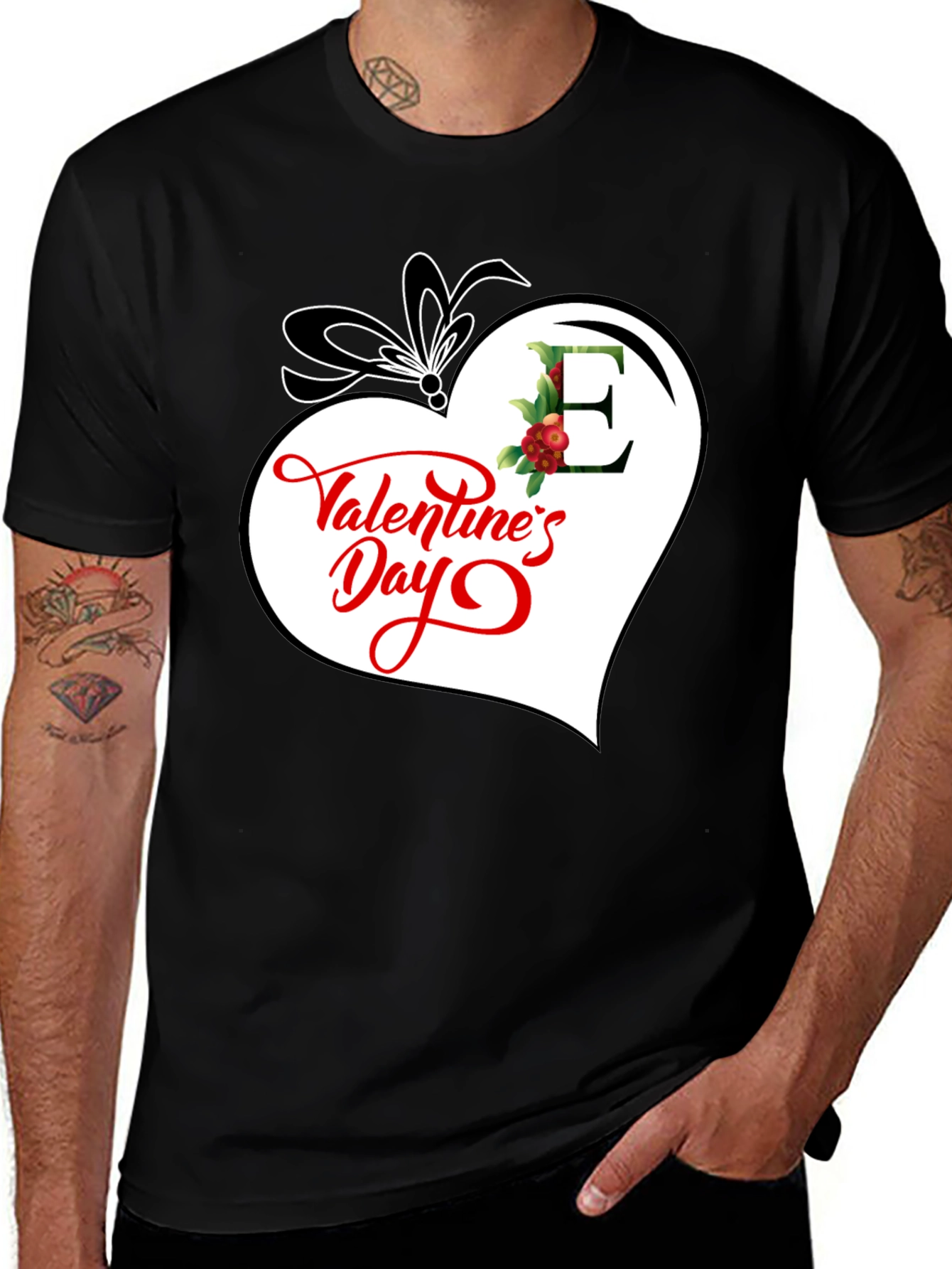 Variant 6 of Valentine's Day Heart Initial E Black T-Shirt