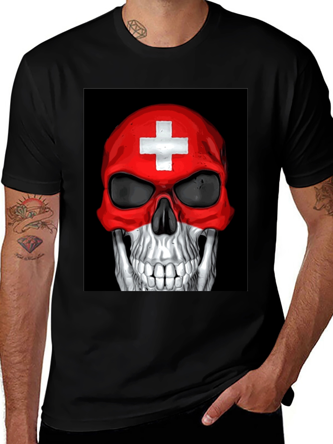 Variant 12 of Skull Switzerland Flag Graphic Tee - Black Cotton T-Shirt