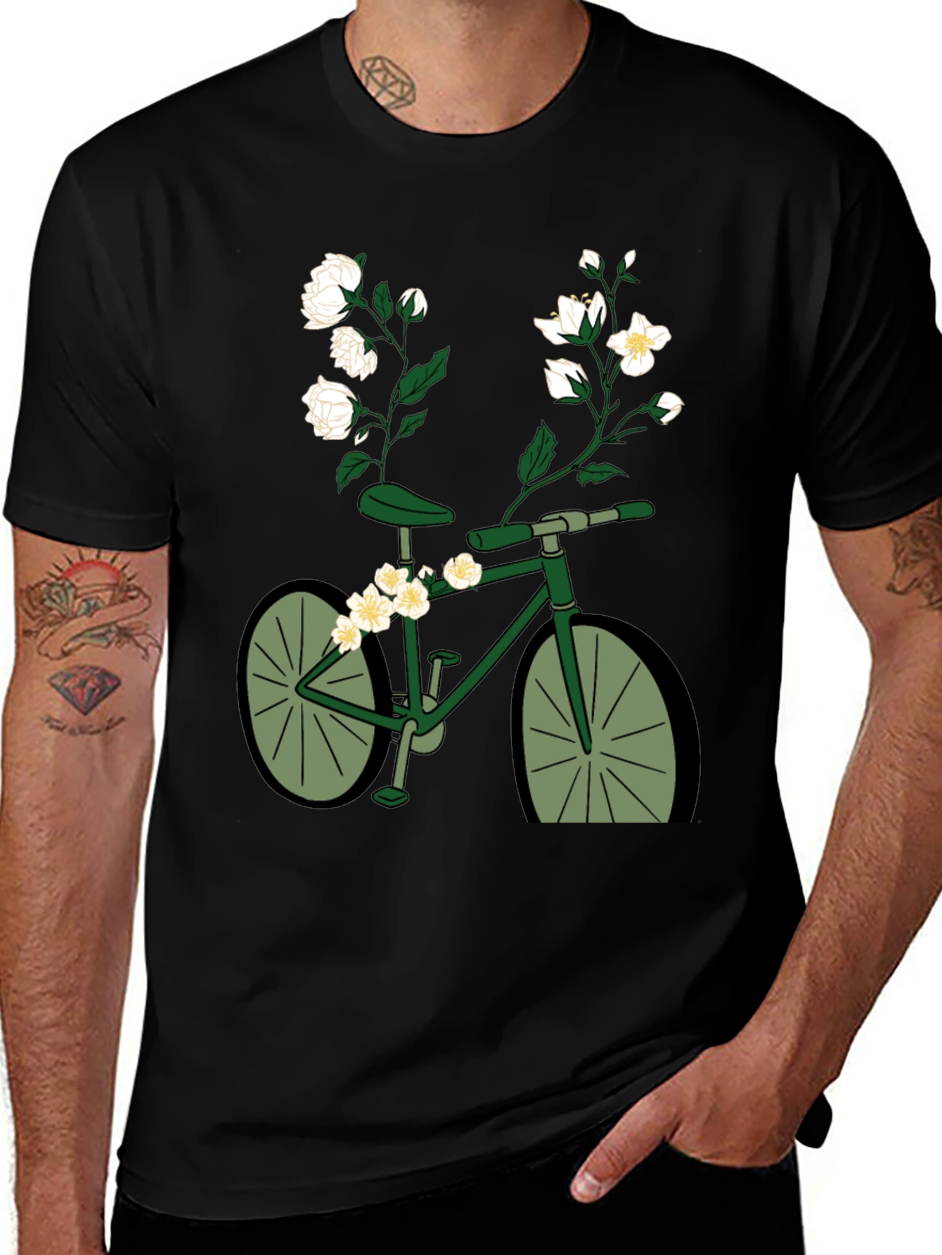 Variant 15 of Floral Bicycle Graphic Tee - Black Cotton Shirt