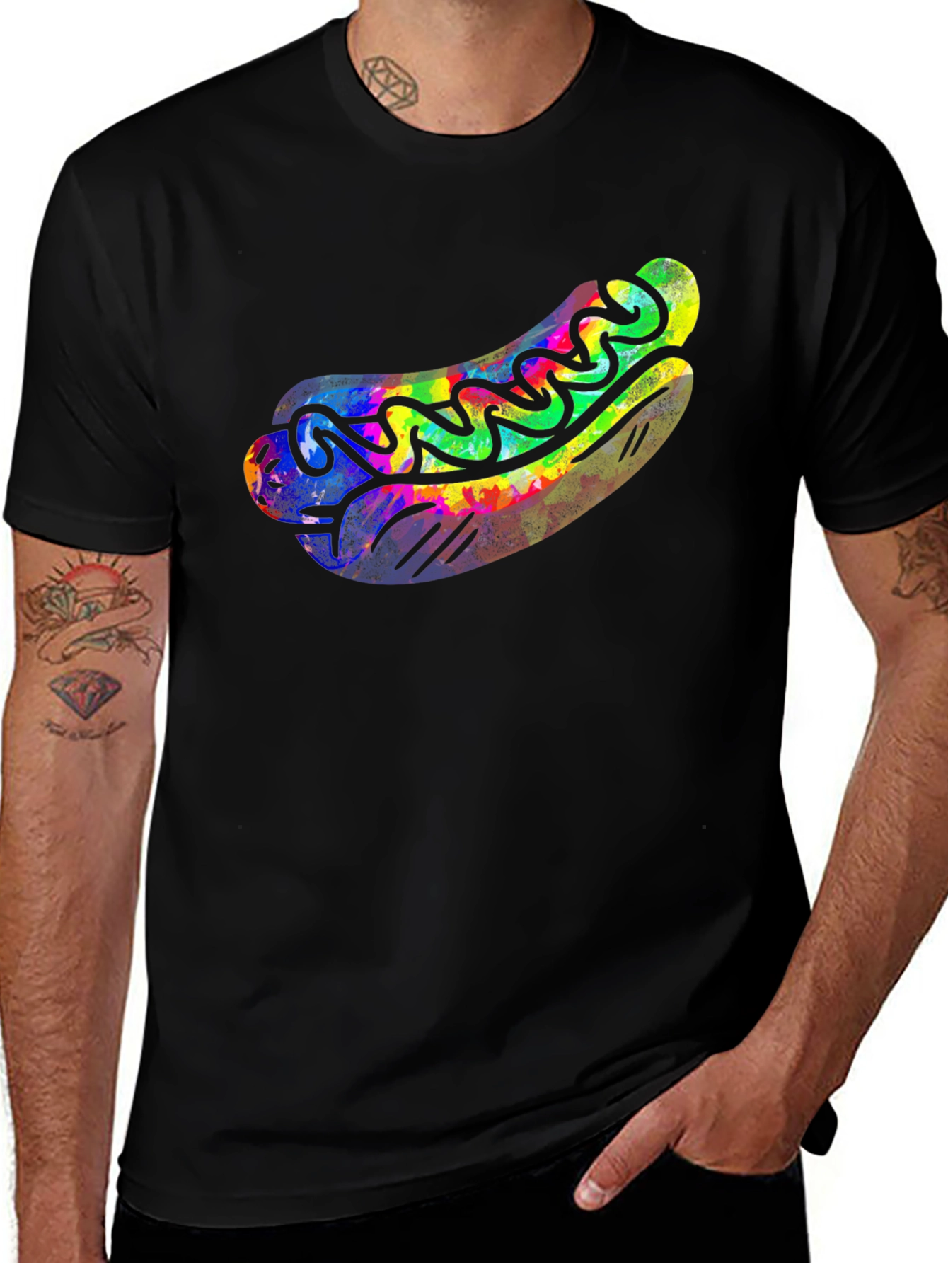 Variant 8 of Funky Hot Dog Graphic Tee - Black Cotton T-Shirt