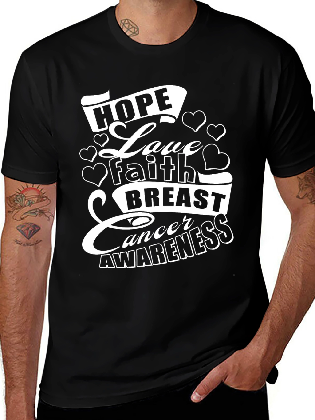 Variant 2 of Hope Love Faith Breast Cancer Awareness Black T-Shirt