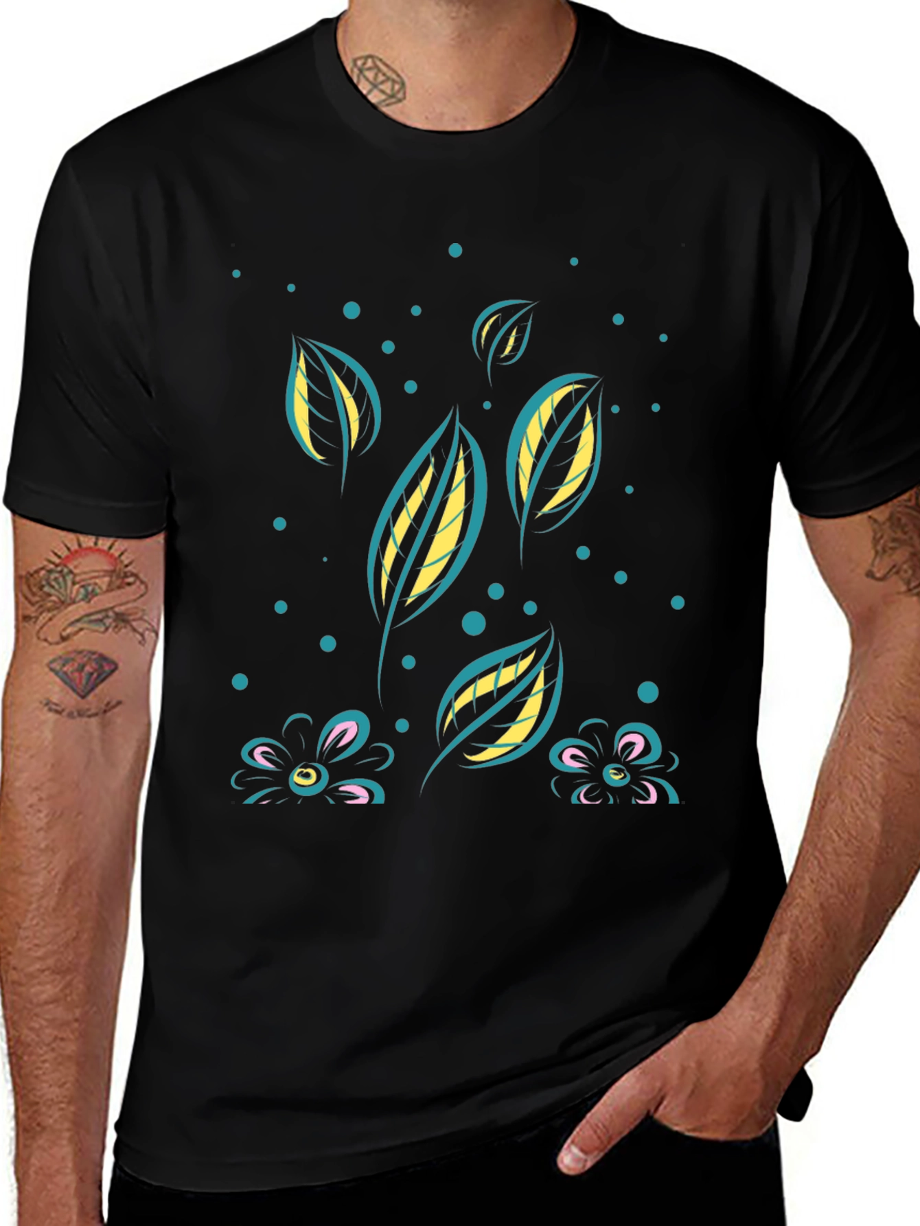 Variant 22 of Stylish Floral & Leaf Print Black T-Shirt
