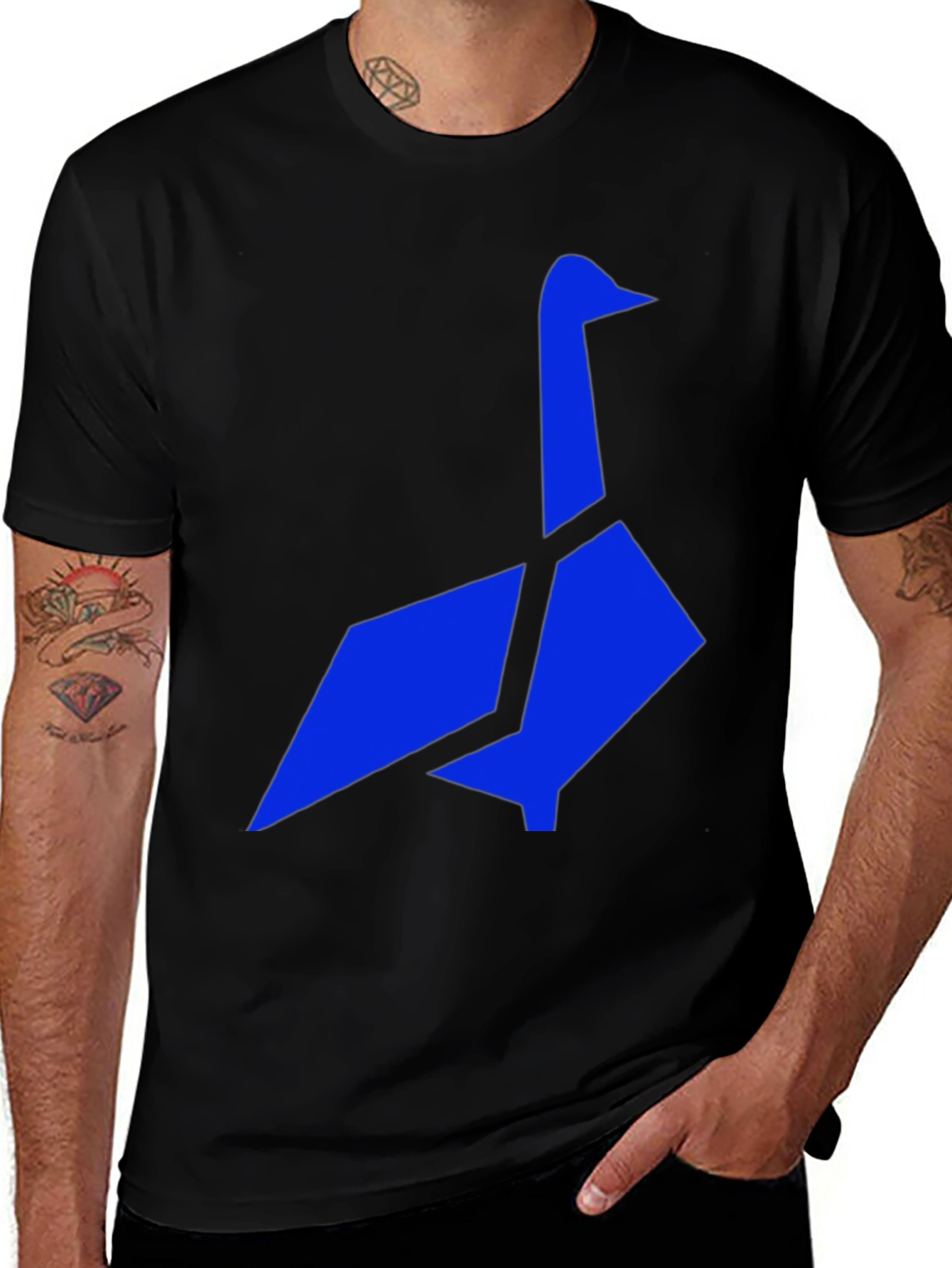 Variant 11 of Origami Goose Black Tee - Modern Geometric Bird Design