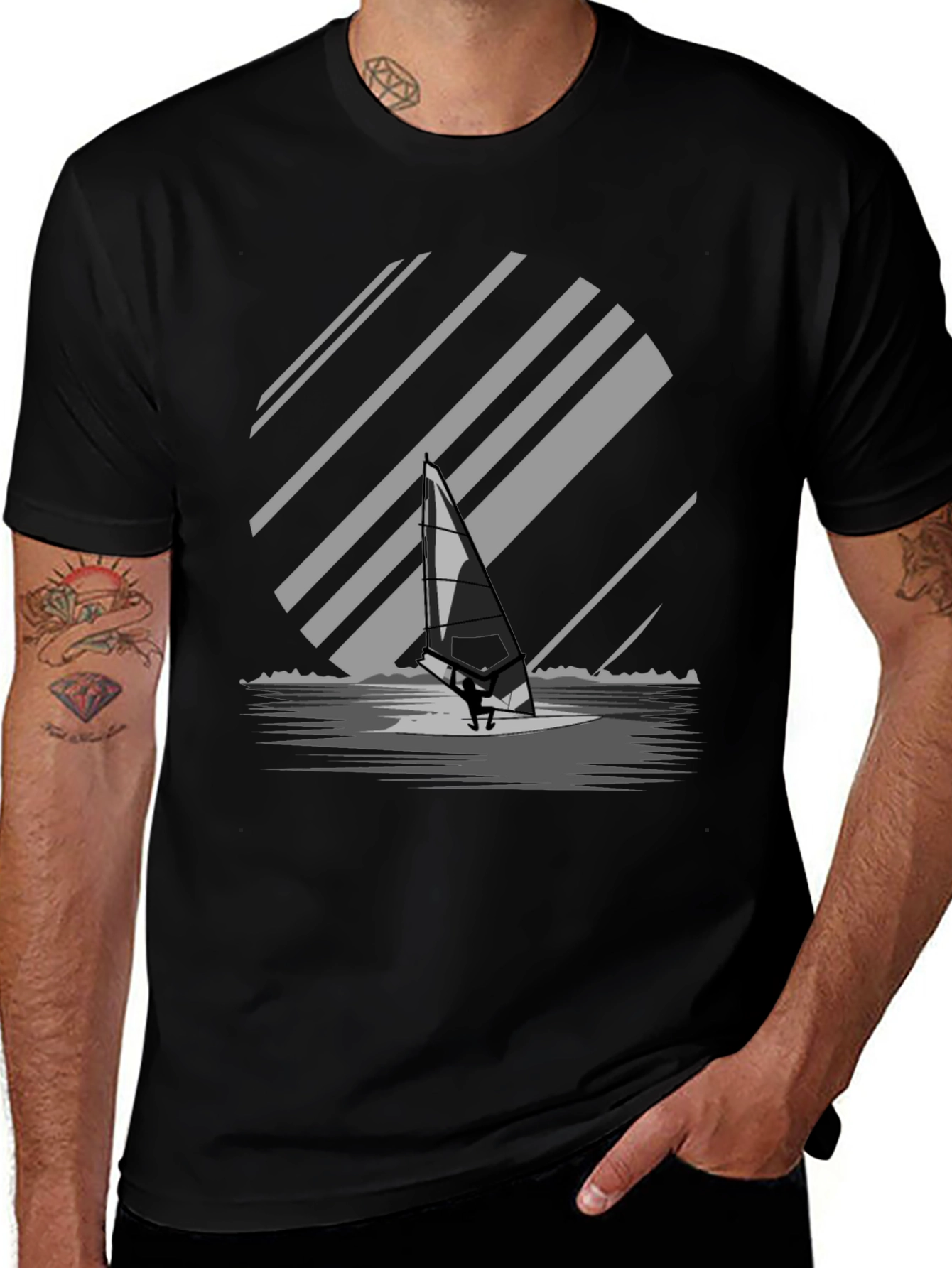 Variant 10 of Windsurfer Graphic Tee - Black Cotton Blend T-Shirt