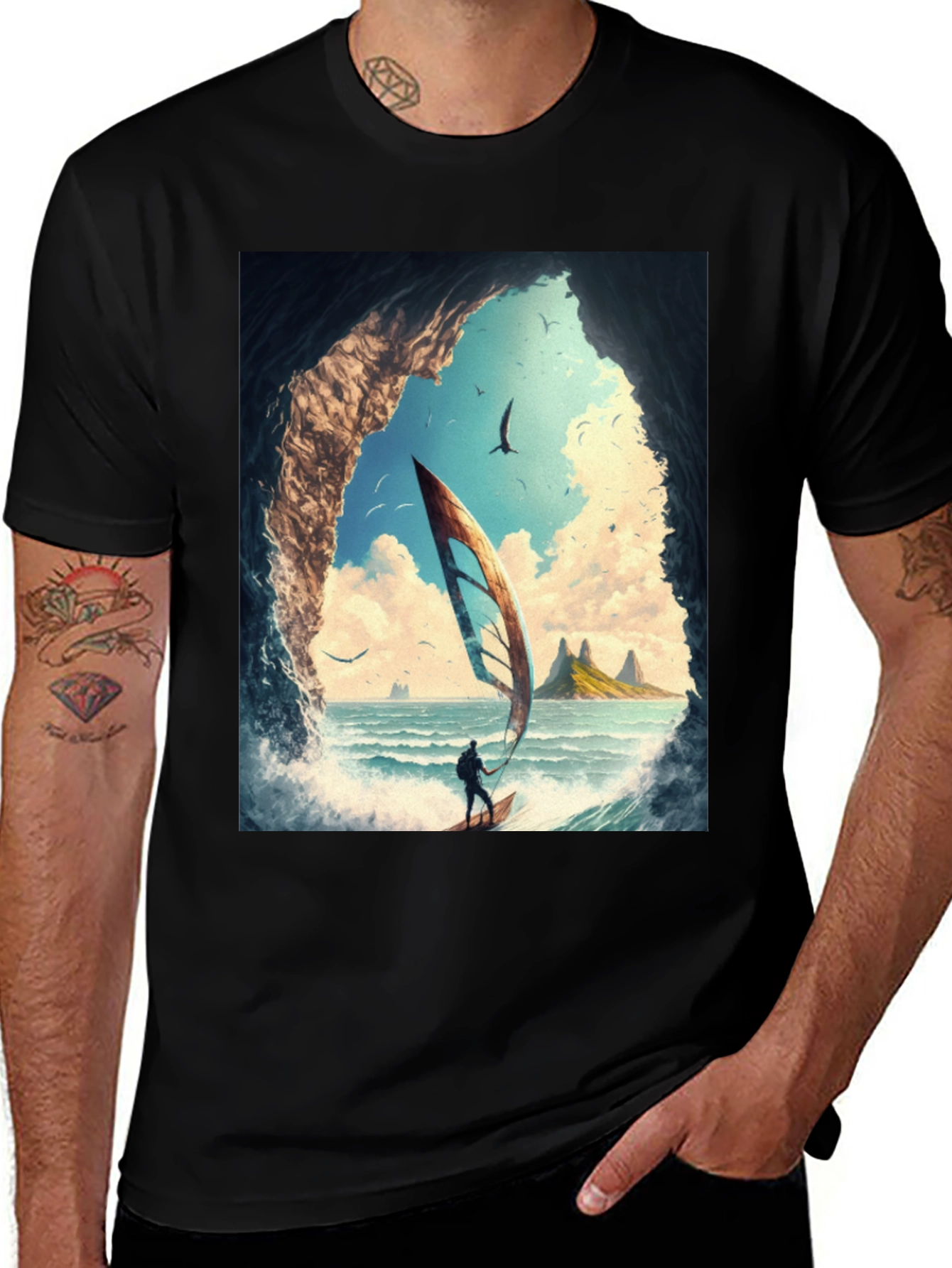 Variant 17 of Windsurf Cave View Graphic Tee - Black Casual T-Shirt