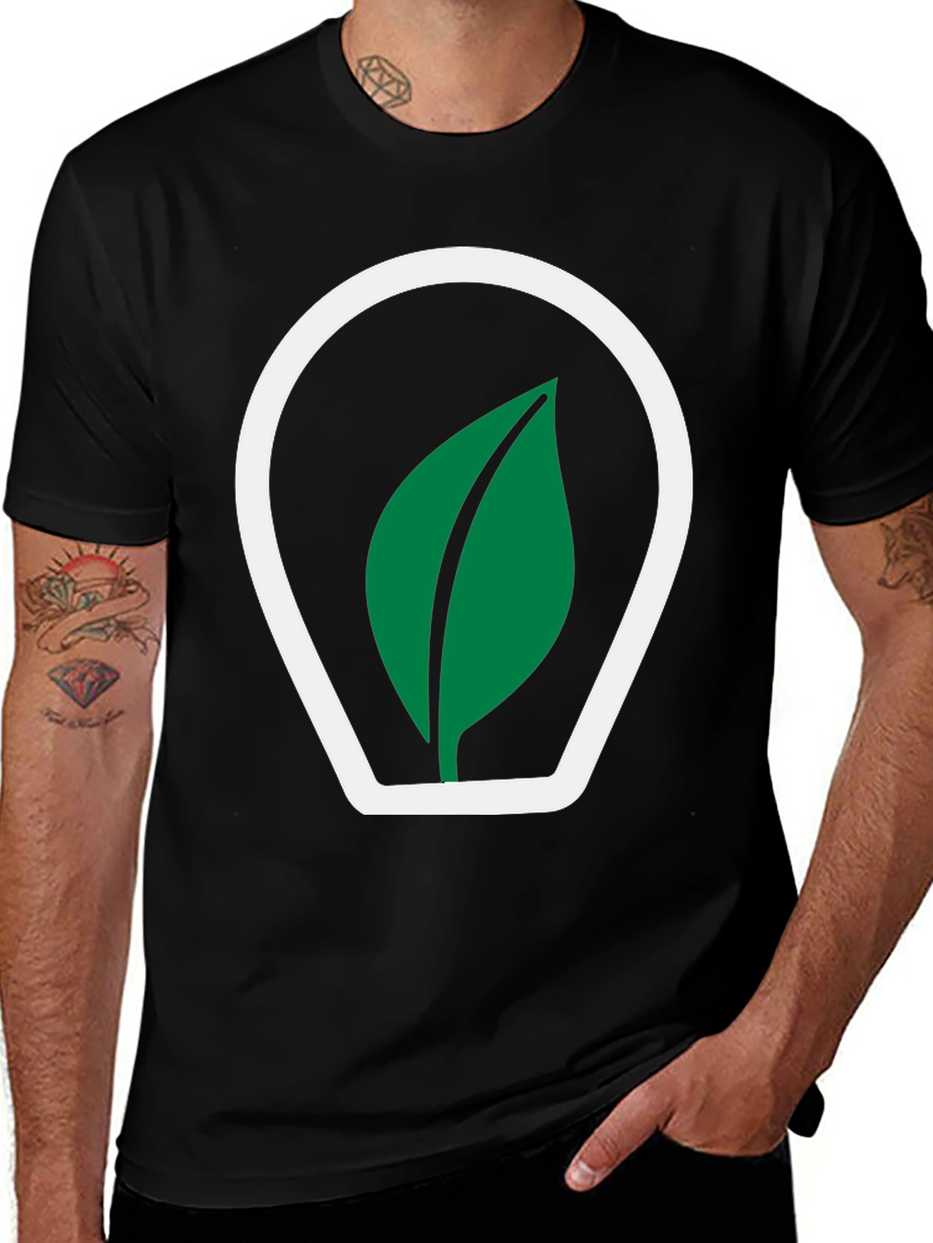 Variant 23 of Black T-Shirt with Green Leaf Logo