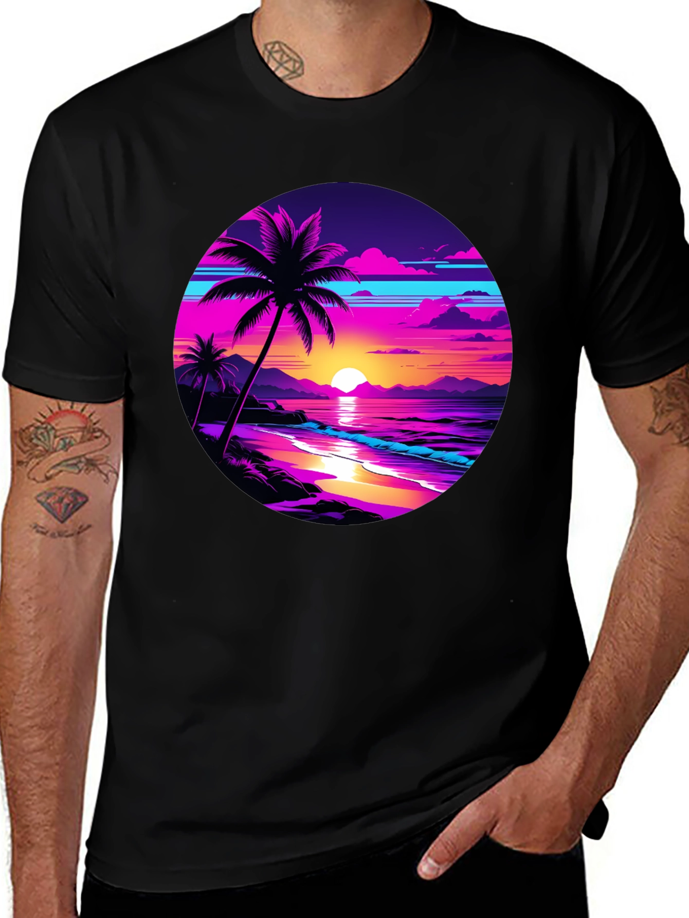 Variant 27 of Sunset Beach Graphic Tee - Retro Palm Design