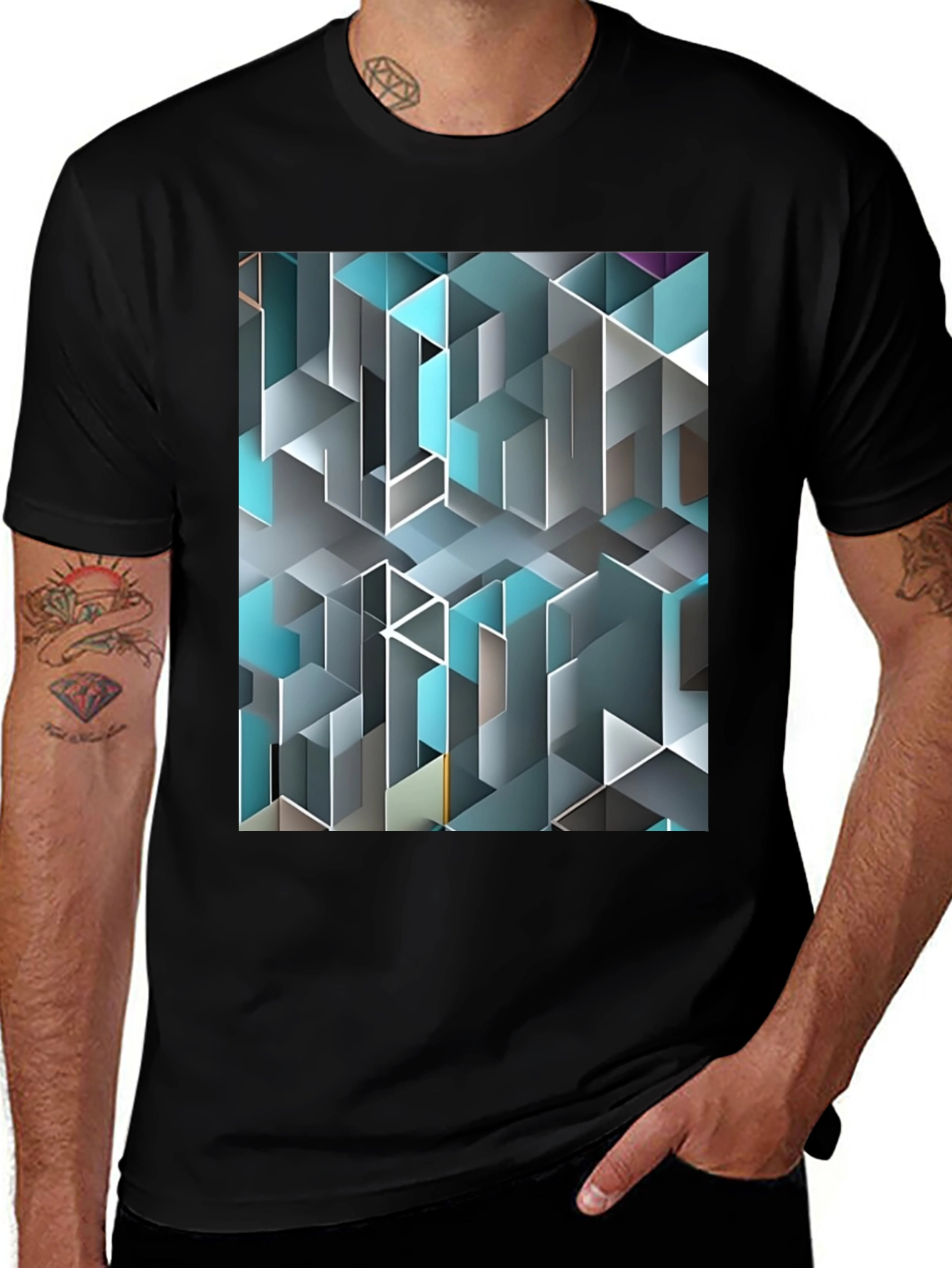 Abstract Geometric Print Black T-Shirt