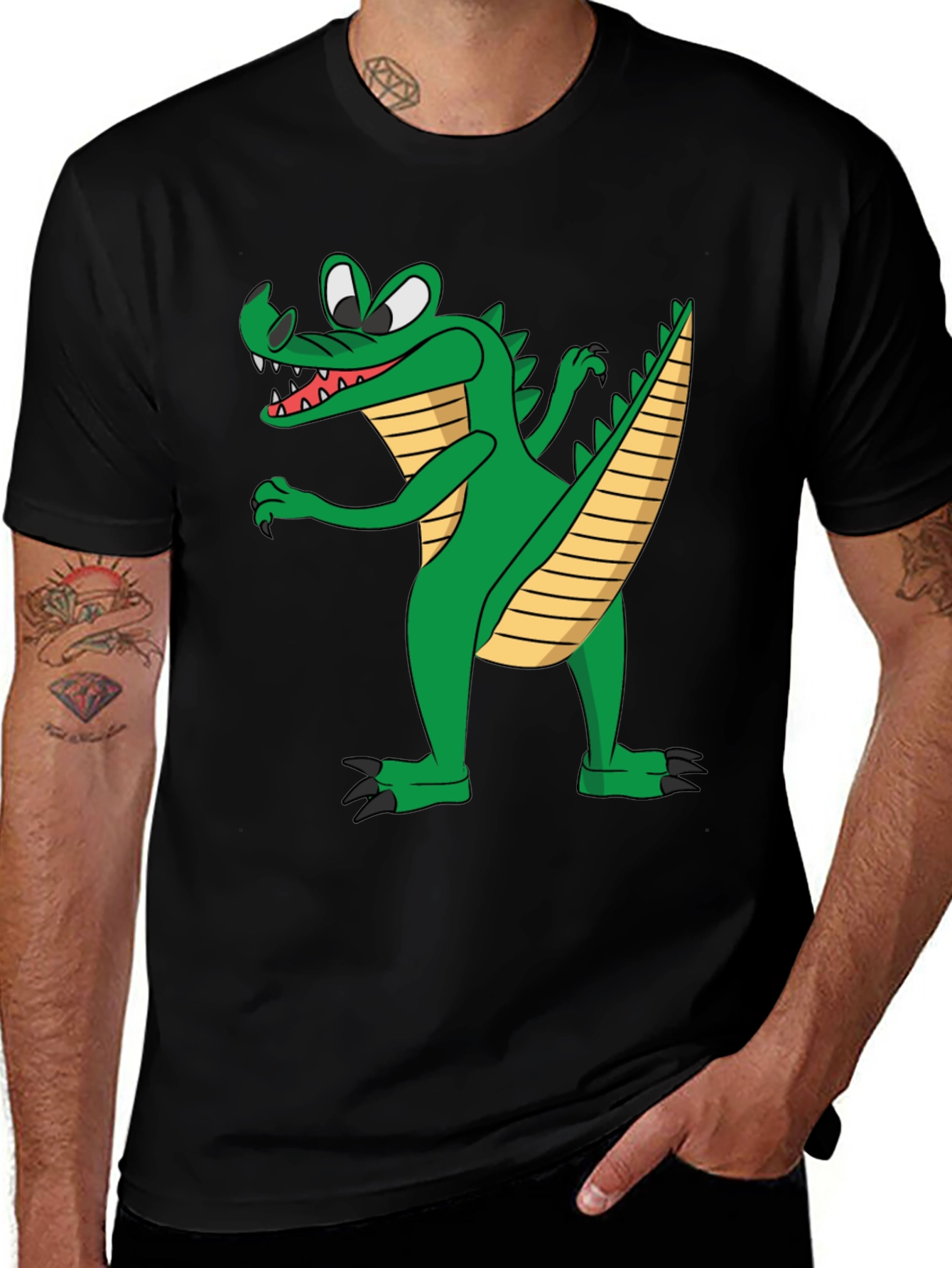 Variant 24 of Cartoon Crocodile Graphic Tee - Black Cotton T-Shirt